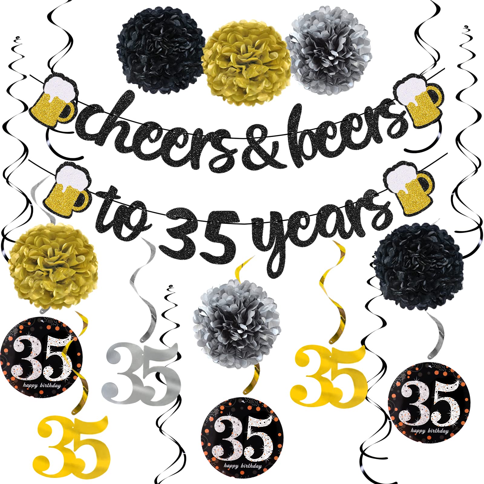 35th Birthday Party Decorations Kit for Men & Women - Cheers to 35 Years Banner, Pom Poms, Flowers & Sparkling Hanging Swirls - Perfect for Birthday Celebrations, Wedding Parties & Anniversary Decorations