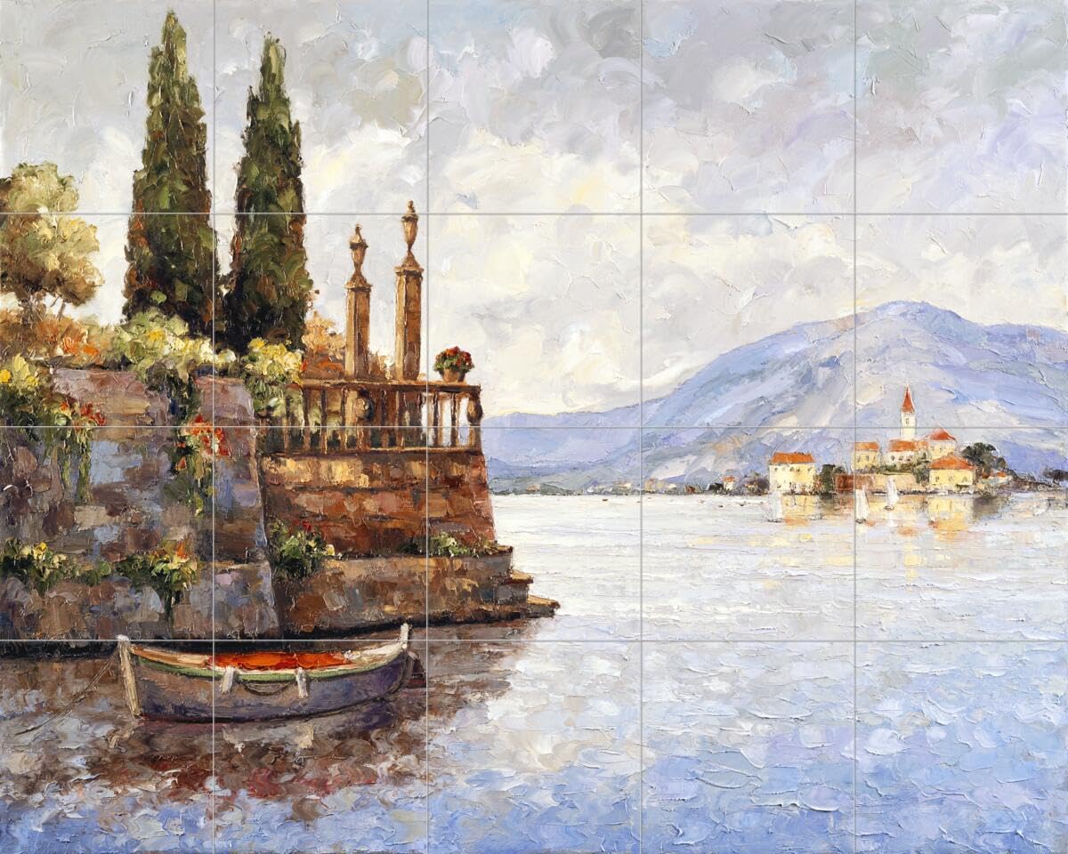 Ceramic Backsplash Tile Mural - Water View Landscape of Lake Como at Evening Light for Kitchen, Bathroom & Shower - John Zaccheo Art - Perfect for Coastal, Modern & Farmhouse Decor