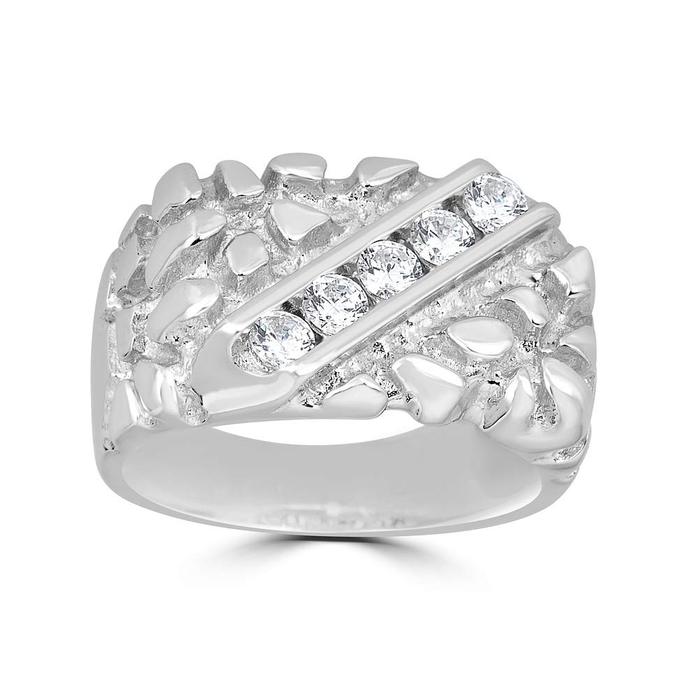 925 Sterling Silver Men's Nugget Ring - Iced Out Pinky or Wedding Band (Sizes 7-13) - Durable & Hypoallergenic Jewelry for Everyday Wear, Gifts & Special Occasions