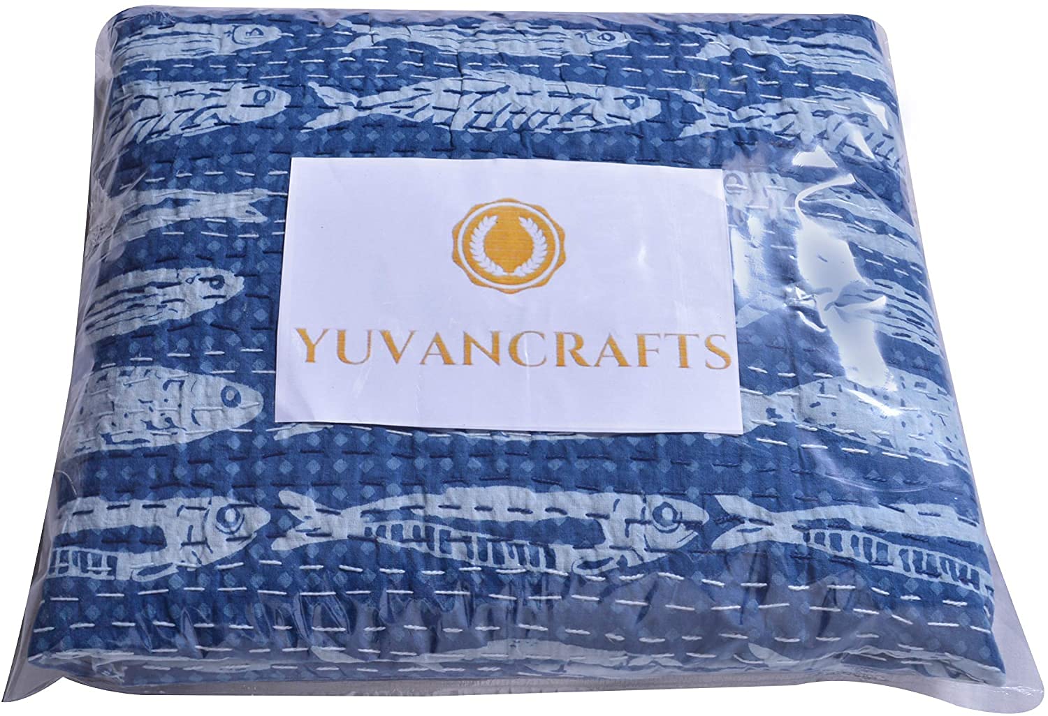 YUVANCRAFTS Indian Cotton Handmade Kantha Quilt - Queen Size Hand Block Printed Fish Design Bedspread & Throw Blanket | Perfect for Cozy Bedroom Decor, Guest Room Accent, or Boho Chic Living Room