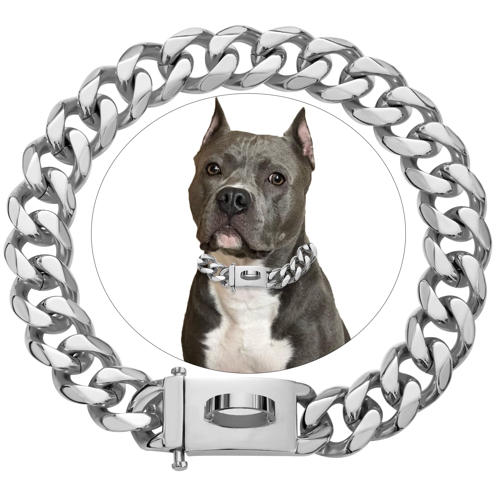 Luxury Silver Cuban Link Dog Collar - Personalized Engraved Stainless Steel Pet Collar for Small Medium Large Dogs (10-26 Inch) - Perfect for Daily Walks, Training & Fashion Accessories