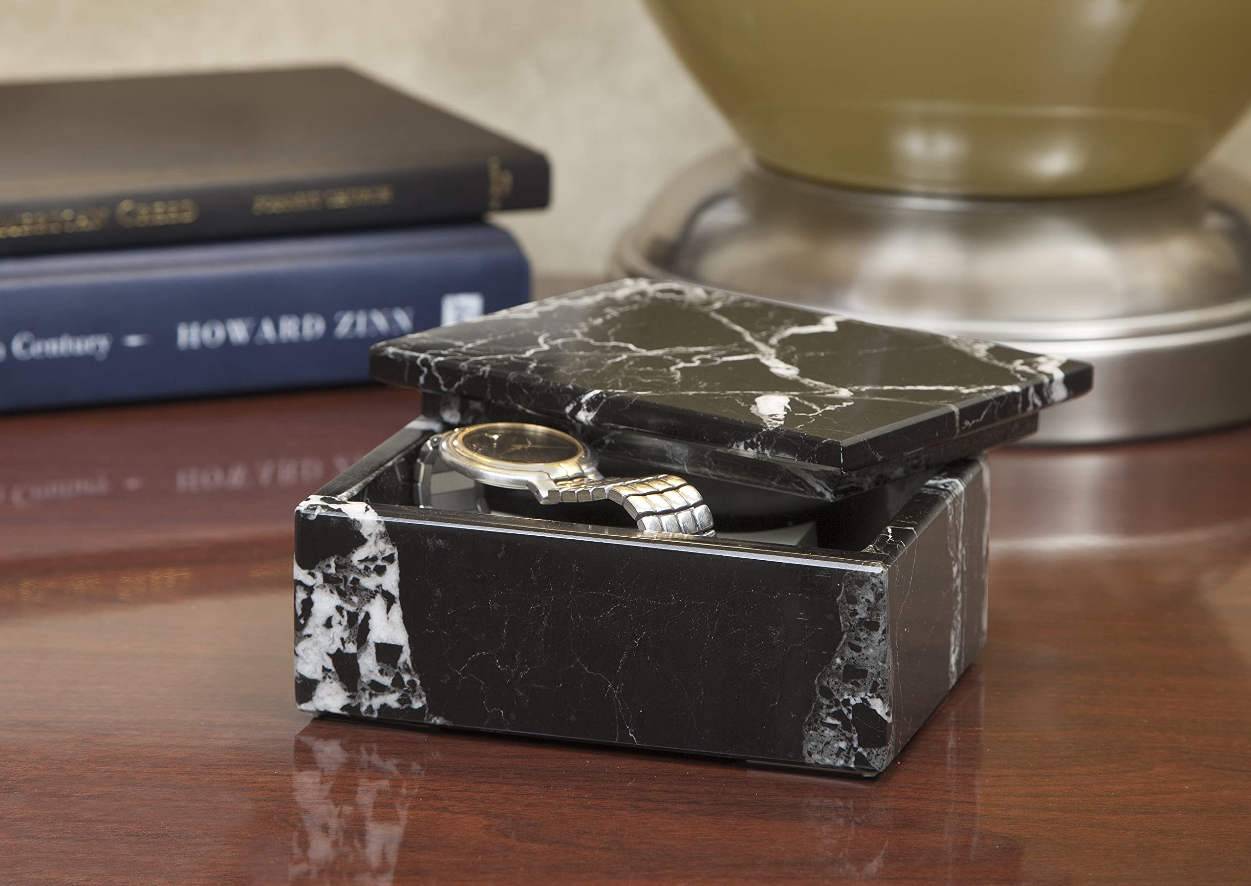 Hand Carved Rectangular Marble Jewelry Box with Lid - Polished Luxury Keepsake Storage Box with Non-Slip Rubber Pads | Lightweight Compact Marble Organizer for Rings, Necklaces & Valuables | Perfect Gift for Weddings, Anniversaries & Home Decor