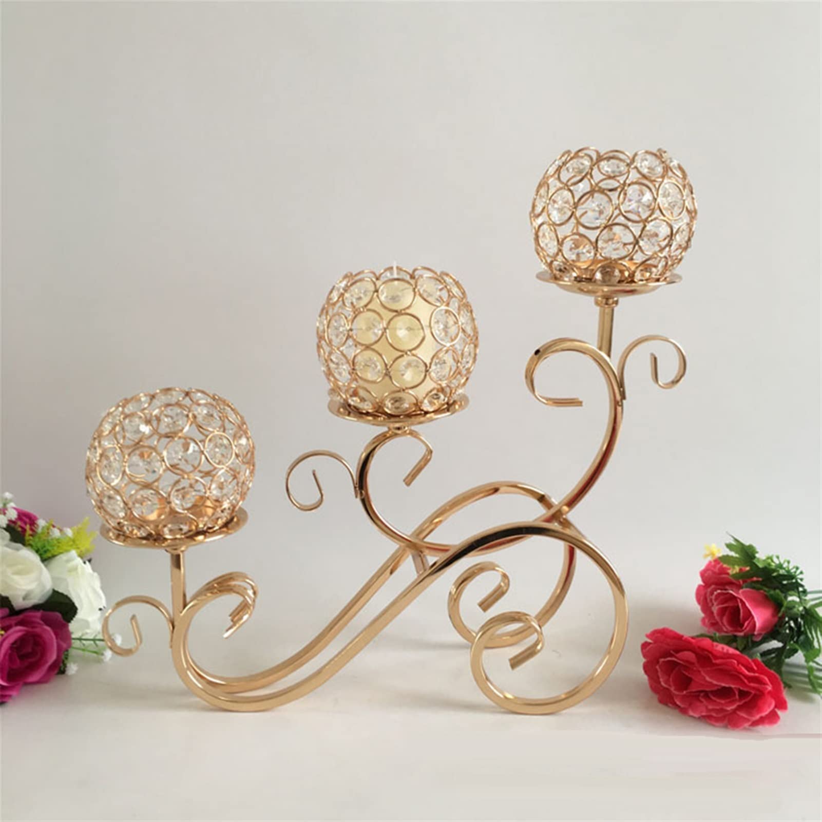 Erik Xian 3-Arm Crystal Candelabra - Golden Sparkling Candle Holder for Wedding Centerpiece, Dining Table Decor, Home Decoration & Romantic Ambiance Lighting