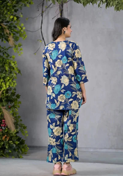 Serene Floral Blue Cotton Co-ord Set for Women - Comfortable Matching Outfit for Casual Wear, Summer Dresses, and Beach Vacations