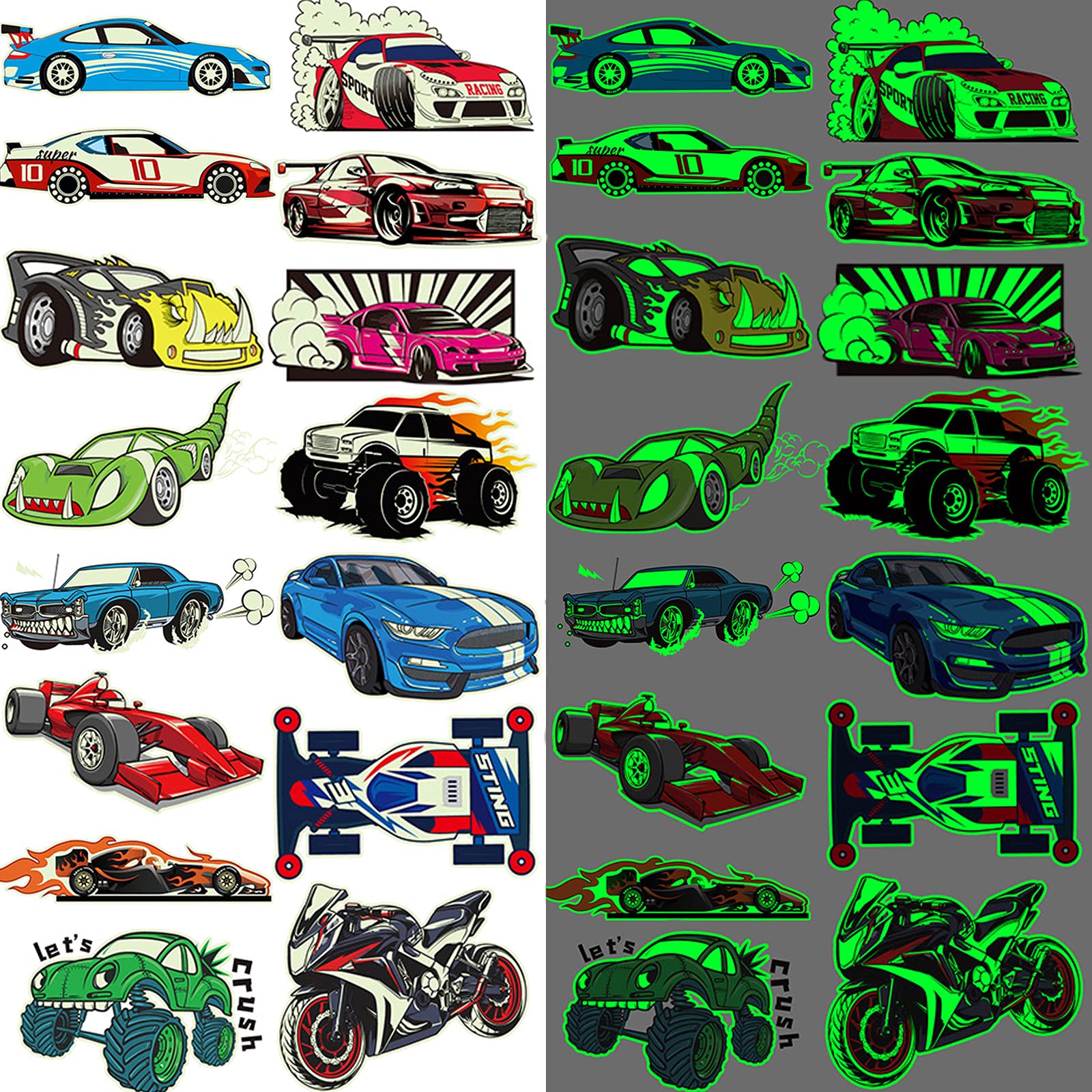 Glow in The Dark Race Car Temporary Tattoos - 12 Sheets Luminous Racing Stickers for Kids, Boys & Men | Perfect for Birthday Parties, Race Car Themed Events & DIY Decorations