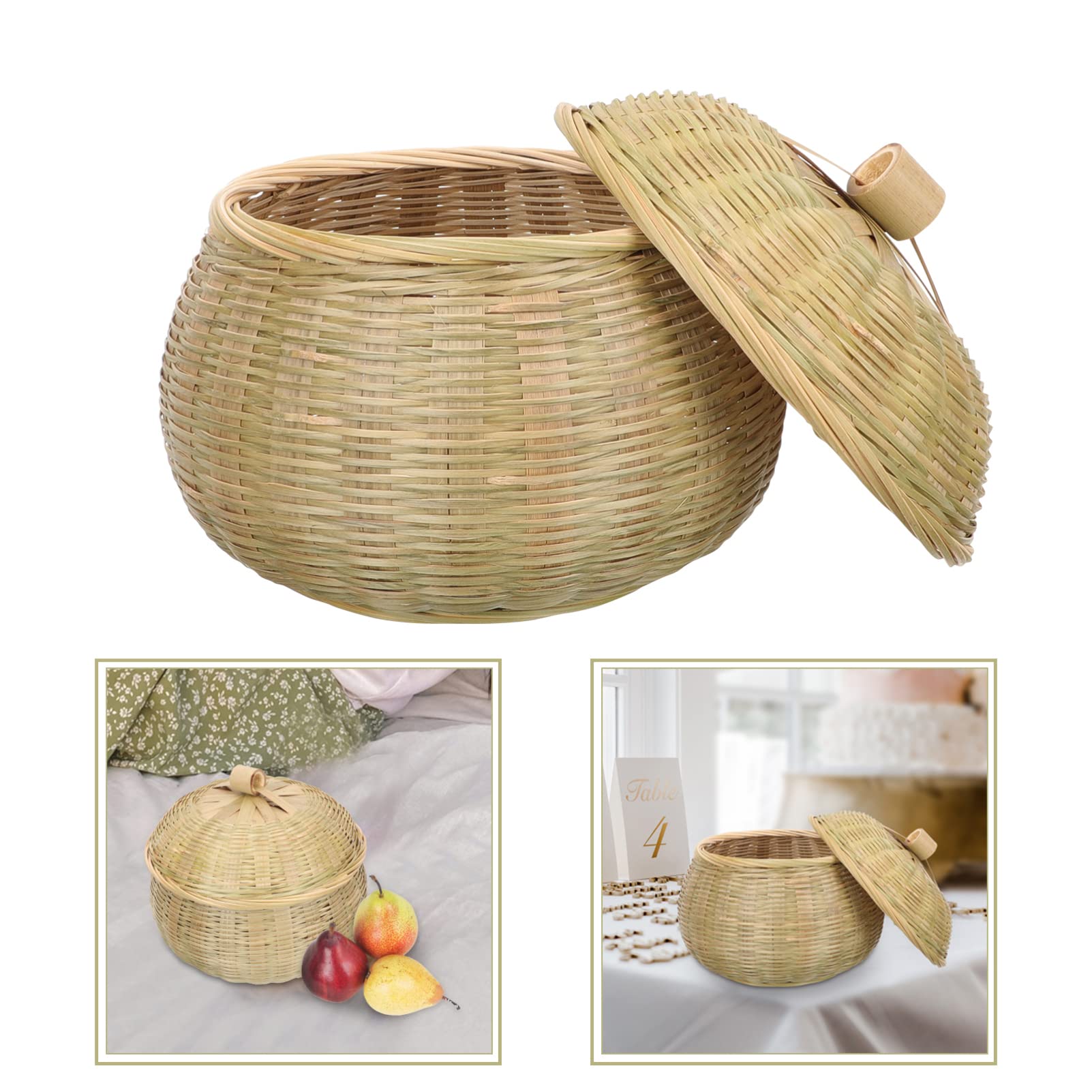 YARDWE Round Bamboo Woven Storage Basket with Lid - 19x15.5cm Organizer Bin for Bread, Food, Fruits & Kitchen Table Organization - Perfect for Pantry, Bathroom & Home Decor Storage