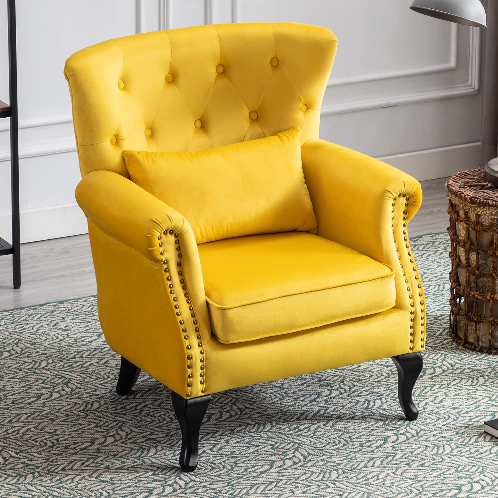 LZAREAL Mid Century Modern Accent Chair - Velvet Yellow Wingback Club Chair with Button Tufted Back & Lumbar Pillow - Comfy Reading Armchair for Living Room, Bedroom, Office Waiting Area - Perfect for Relaxing, Reading & Home Decor