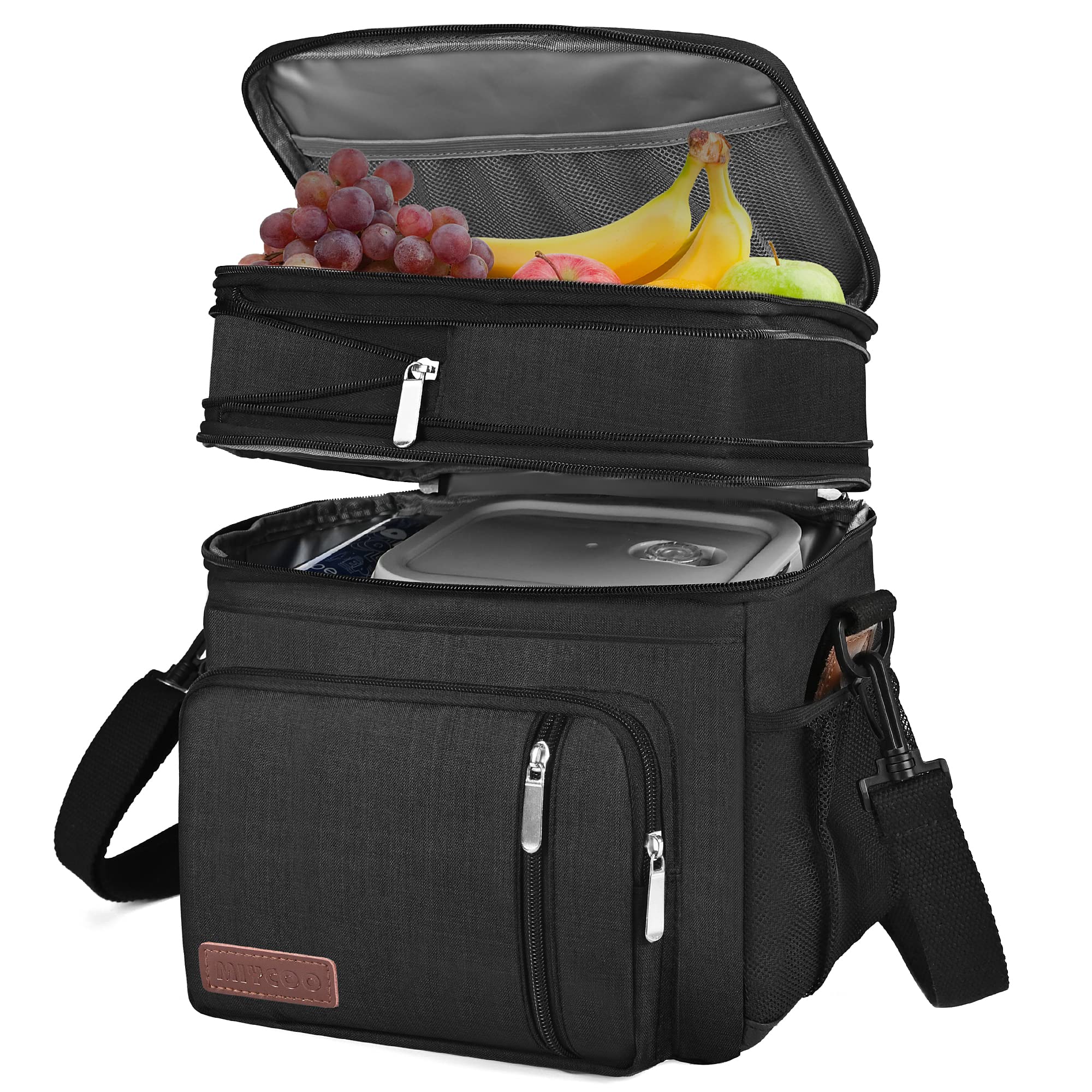 MIYCOO Insulated Lunch Bag & Lunch Box for Men & Women - Leakproof Double Deck Soft Cooler Bag for Work, Office, School, Picnic (15L, Black) - Perfect for Meal Prep, Travel & Outdoor Activities