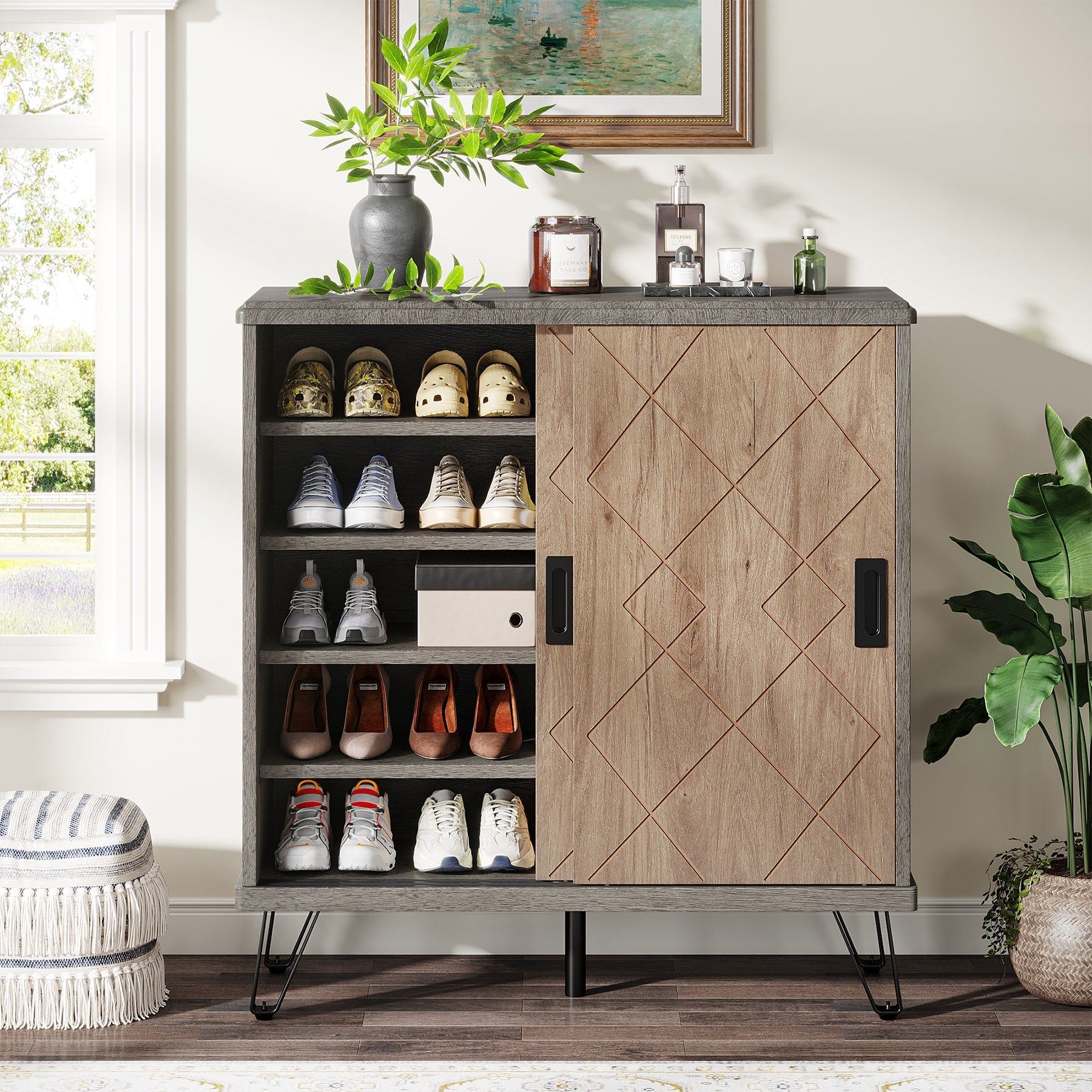 5 Tier Shoe Cabinet with Sliding Doors - Wooden Shoe Organizer with Sturdy Metal Legs for Entryway, Closet & Bedroom Storage Solution