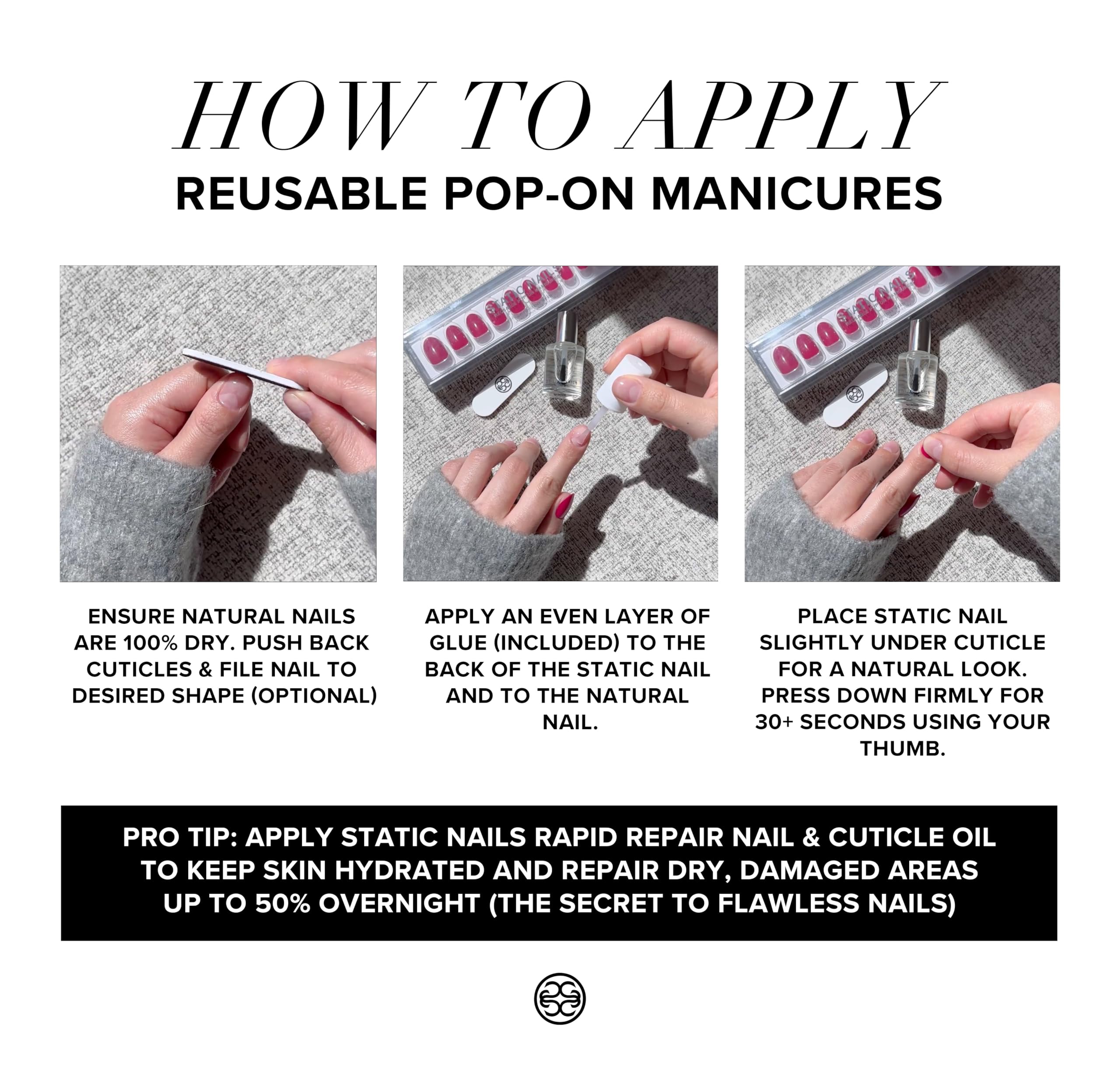 Static Nails Reusable Pop-On Manicure Set - French Tip Style | Navy Blue Square Press On Nails | Short Fake Nails Kit with Glue | Salon Quality Non-Damaging Acrylic Nails for Women | Perfect for Parties, Weddings & Everyday Wear