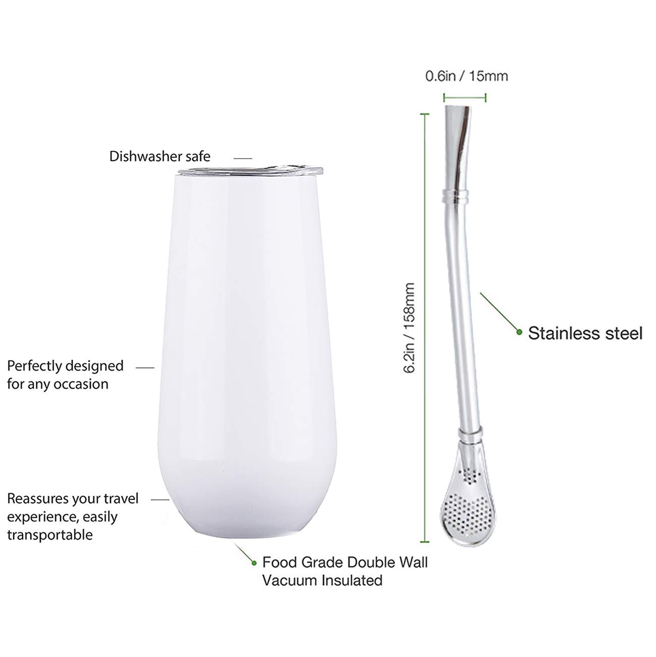 Premium Double Wall Insulated Yerba Mate Gourd Cup with Lid & Bombilla Straw - BPA-Free, Leak-Proof, Heat Retention - Perfect for Outdoor, Camping, Travel & Home Use - White