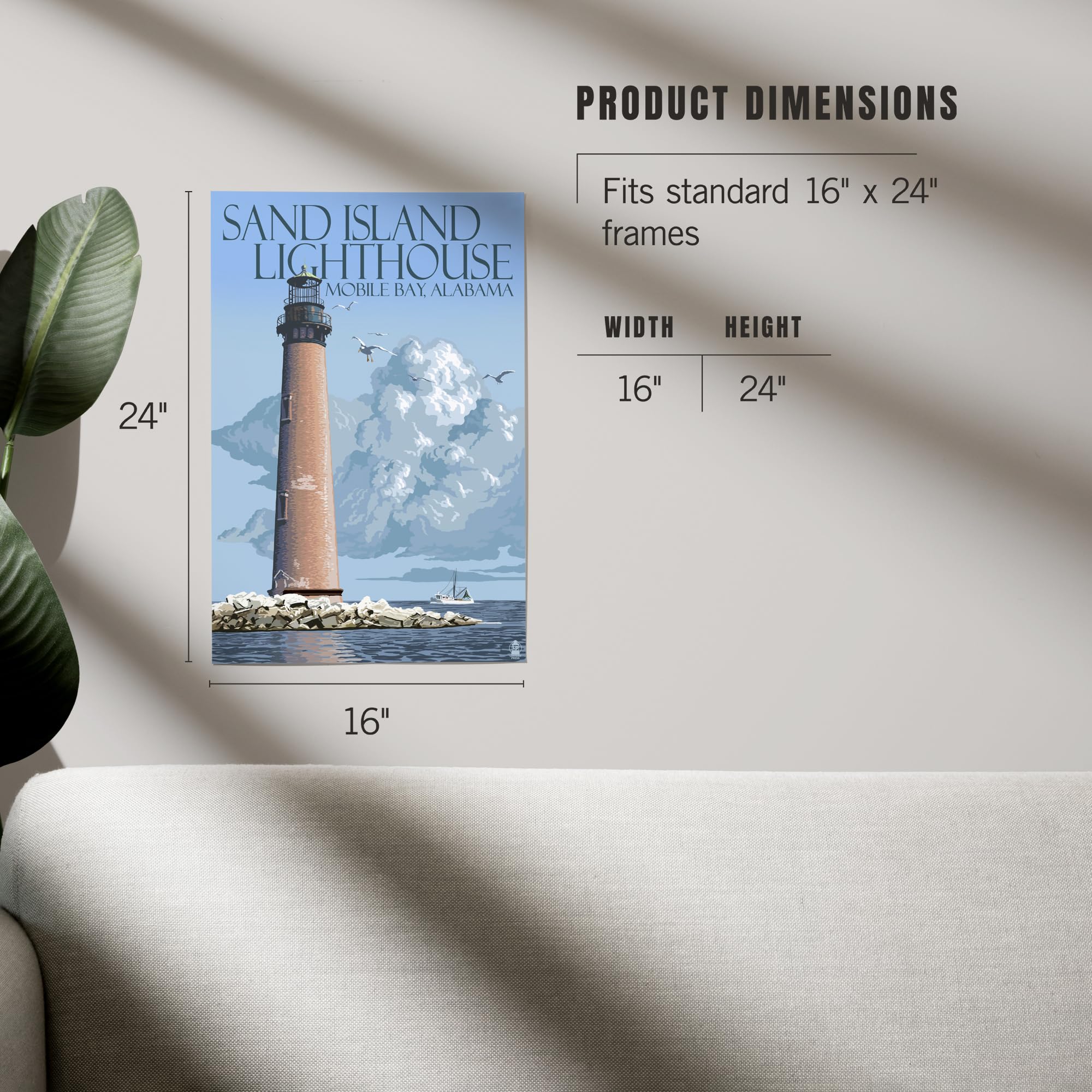 Lantern Press 16x24 Inch Giclee Art Print - Sand Island Lighthouse, Mobile Bay Alabama Coastal Wall Decor | Perfect for Beach House, Living Room & Office Decor