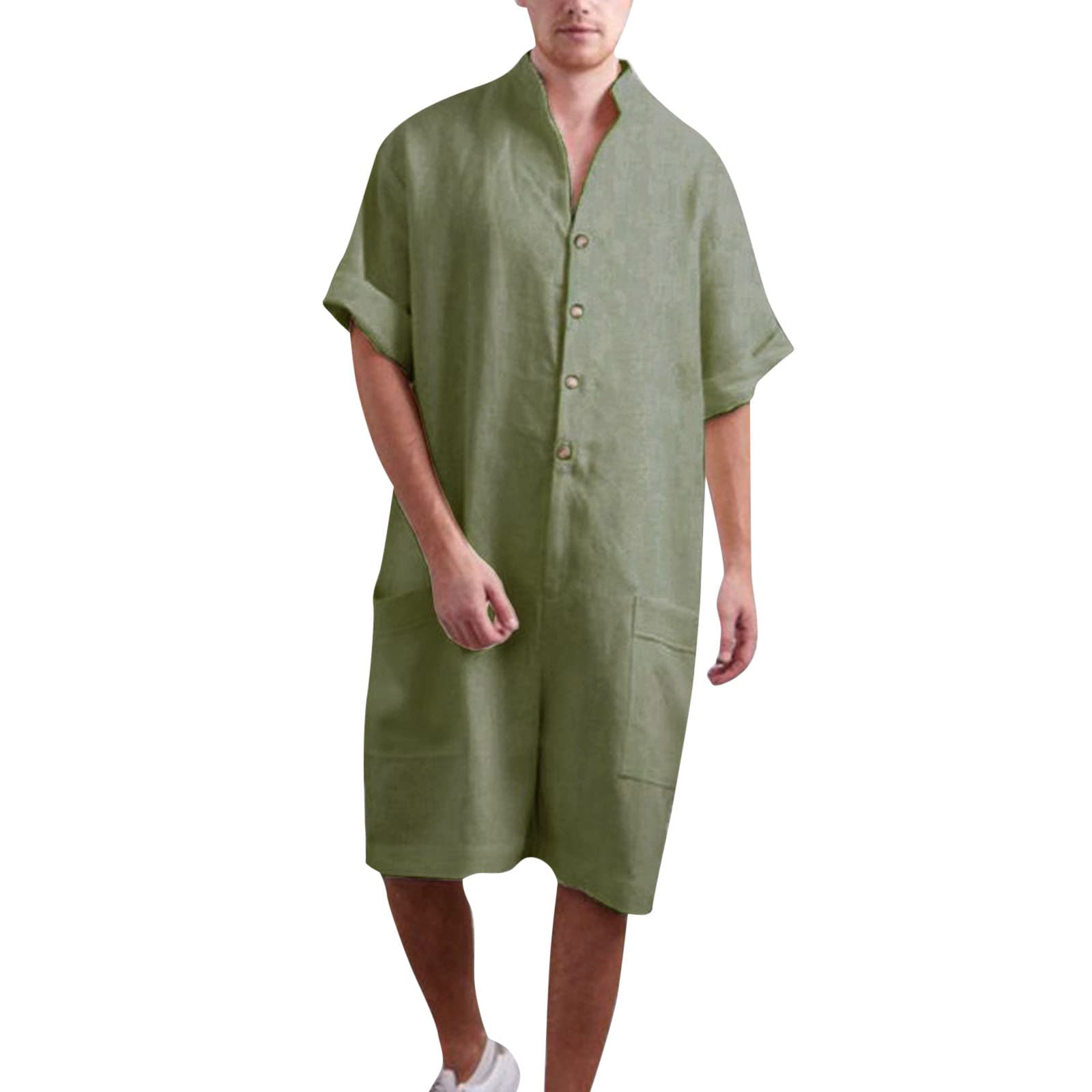 Men's Denim Jumpsuit - Solid Color Washed Cotton Short Sleeve Pocket Button-Up Shirt with Shorts | Casual Summer Outfit, Beach Wear, Street Style Fashion