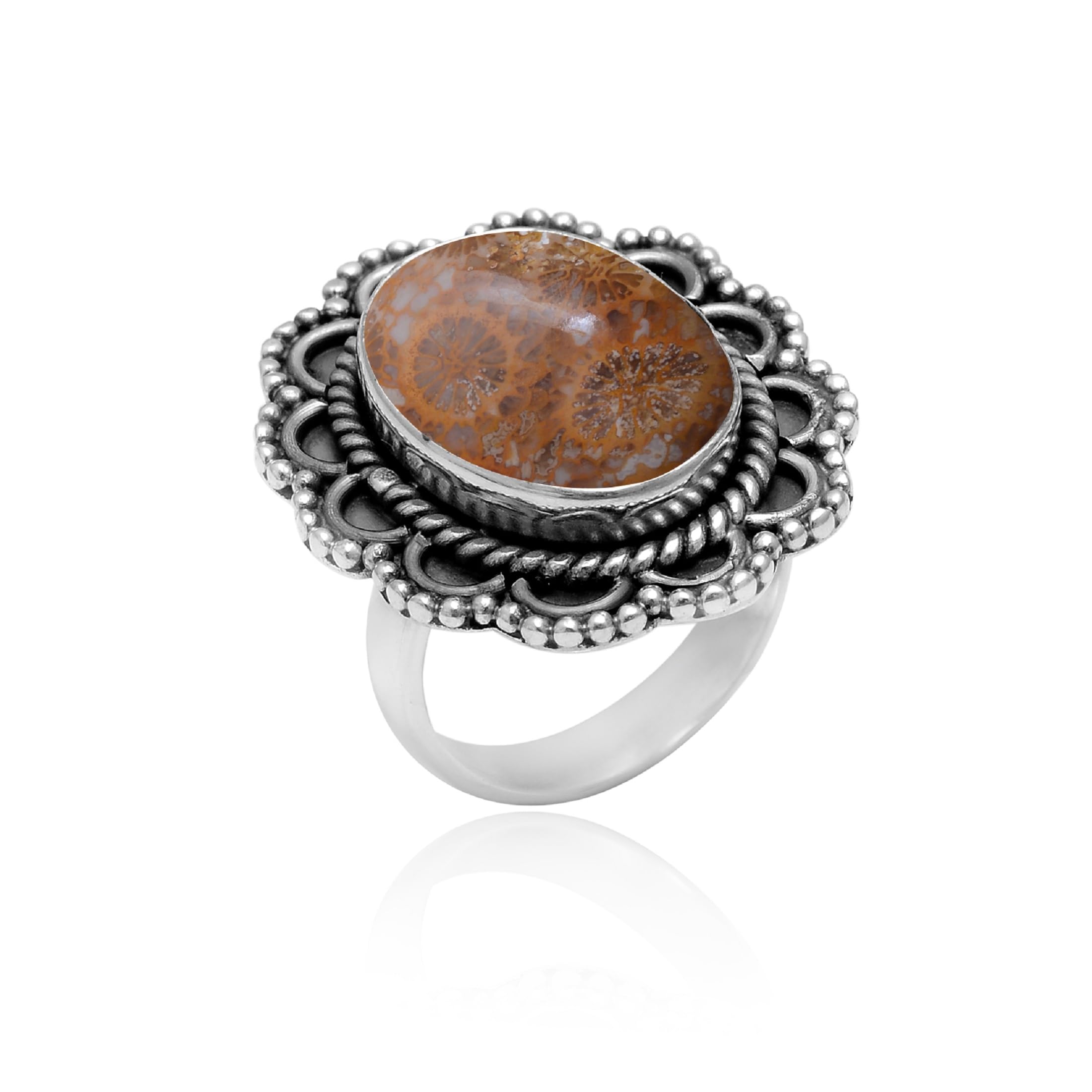 Veracity Jewelry 925 Sterling Silver Fossil Coral Jasper Ring for Women - Healing Meditation Gemstone Jewelry - Yellow Orange Jasper Stone Ring (VSR-286) - Perfect for Spiritual Healing, Yoga & Meditation Practice