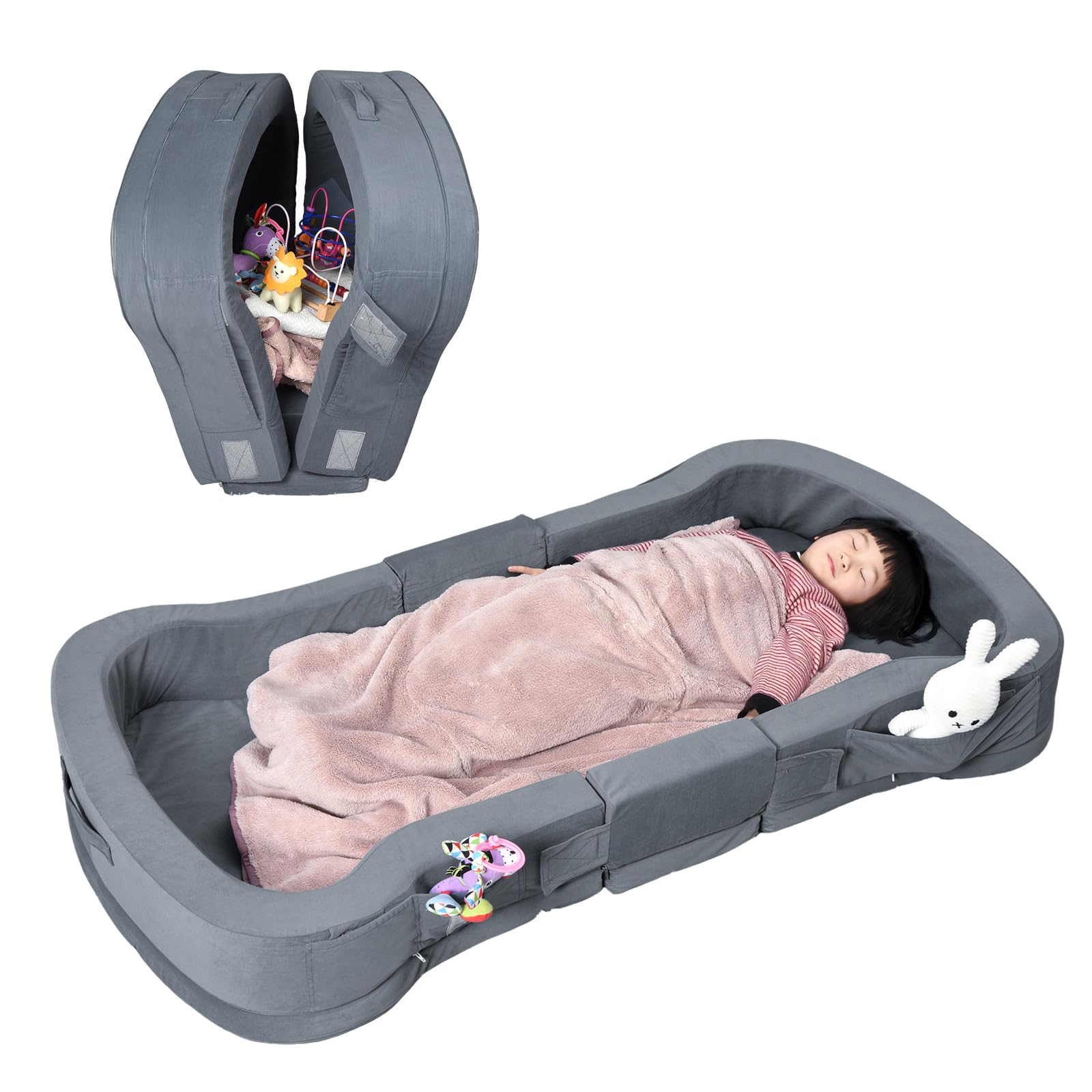 ENITYA Portable Toddler Travel Bed - Foldable Floor Cot for Kids 18M-6 Years, Lightweight & Washable Sleeping Cot for Camping, Airplane, Hotels & Home Use - Grey