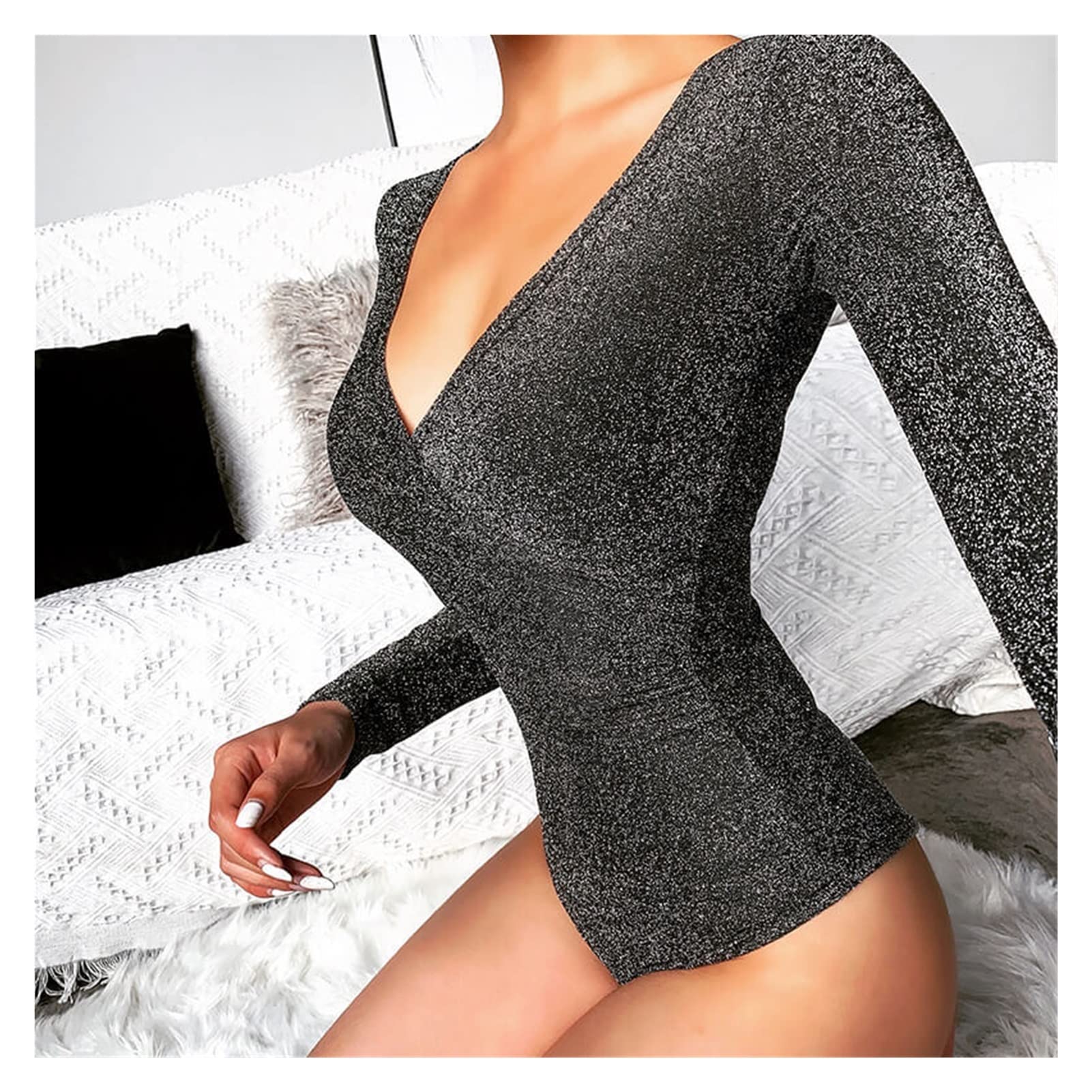 Sexy Women's Cross Bodysuit Long Sleeve V-Neck Tops for Spring Fashion - Color Black, Size Small | Perfect for Night Out, Date Night & Club Wear