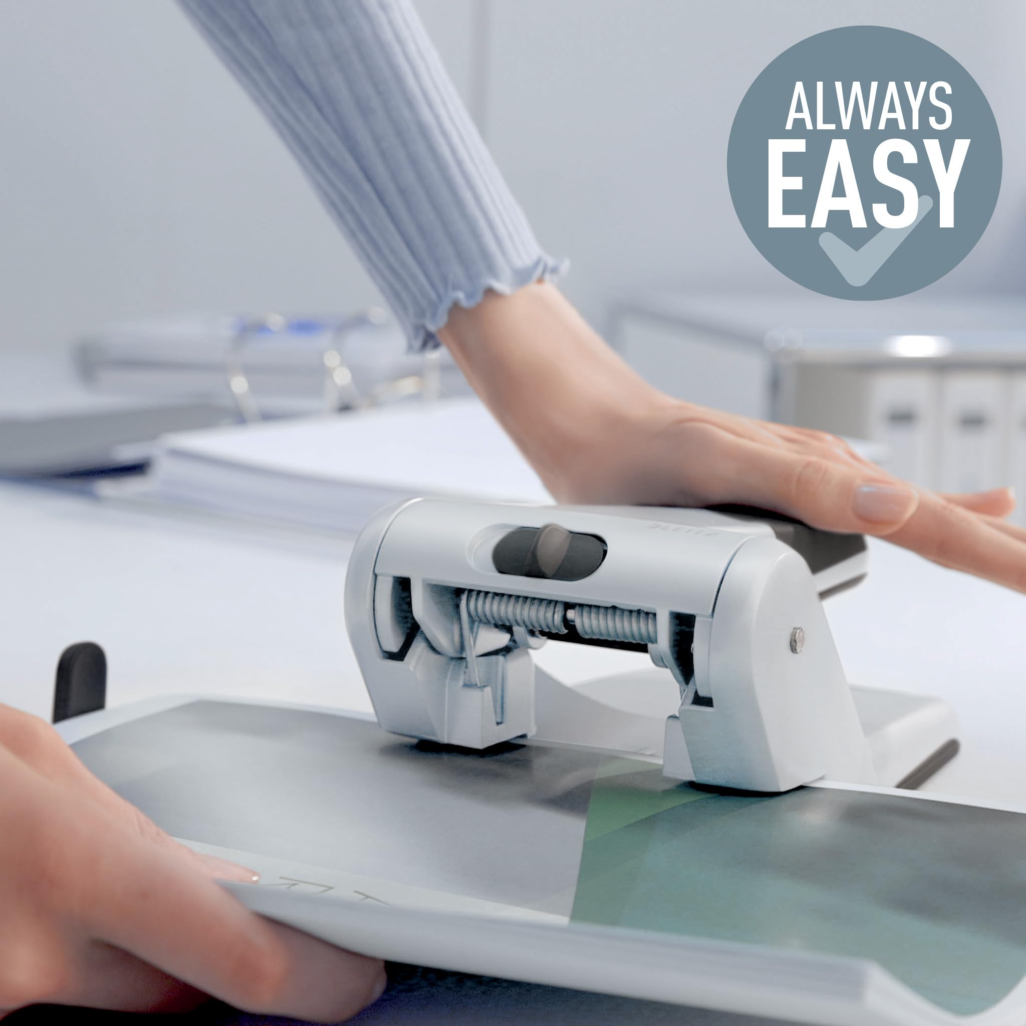 Leitz Heavy Duty Hole Punch for 65 Sheets - Metal 3-Hole Punch with Guide Bar & Format Markings (51800025, Red) - Perfect for Office Documents, School Binders & Filing Systems