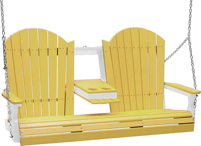 LuxCraft 5ft Yellow Adirondack Porch Swing - Recycled Plastic Outdoor Furniture with Cup Holder | Perfect for Patio, Garden, Backyard Relaxation