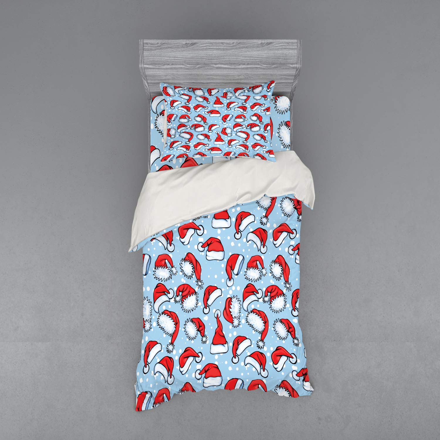 Ambesonne Christmas Bedding Set - Pop Art Retro Santa Hats & Snow Design 3-Piece Duvet Cover with Sham & Fitted Sheet, Twin XL Size, Red & Blue | Holiday Home Decor for Festive Bedroom Makeover