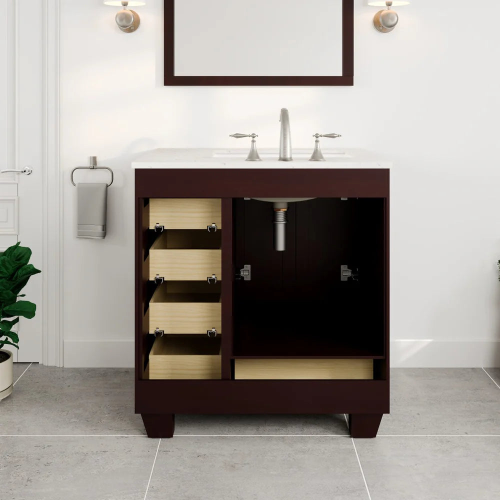 Eviva Acclaim 30 Inch Bathroom Vanity with Carrara Quartz Countertop - Modern White Bathroom Sink Cabinet for Small Spaces, Perfect for Powder Rooms and Guest Bathrooms