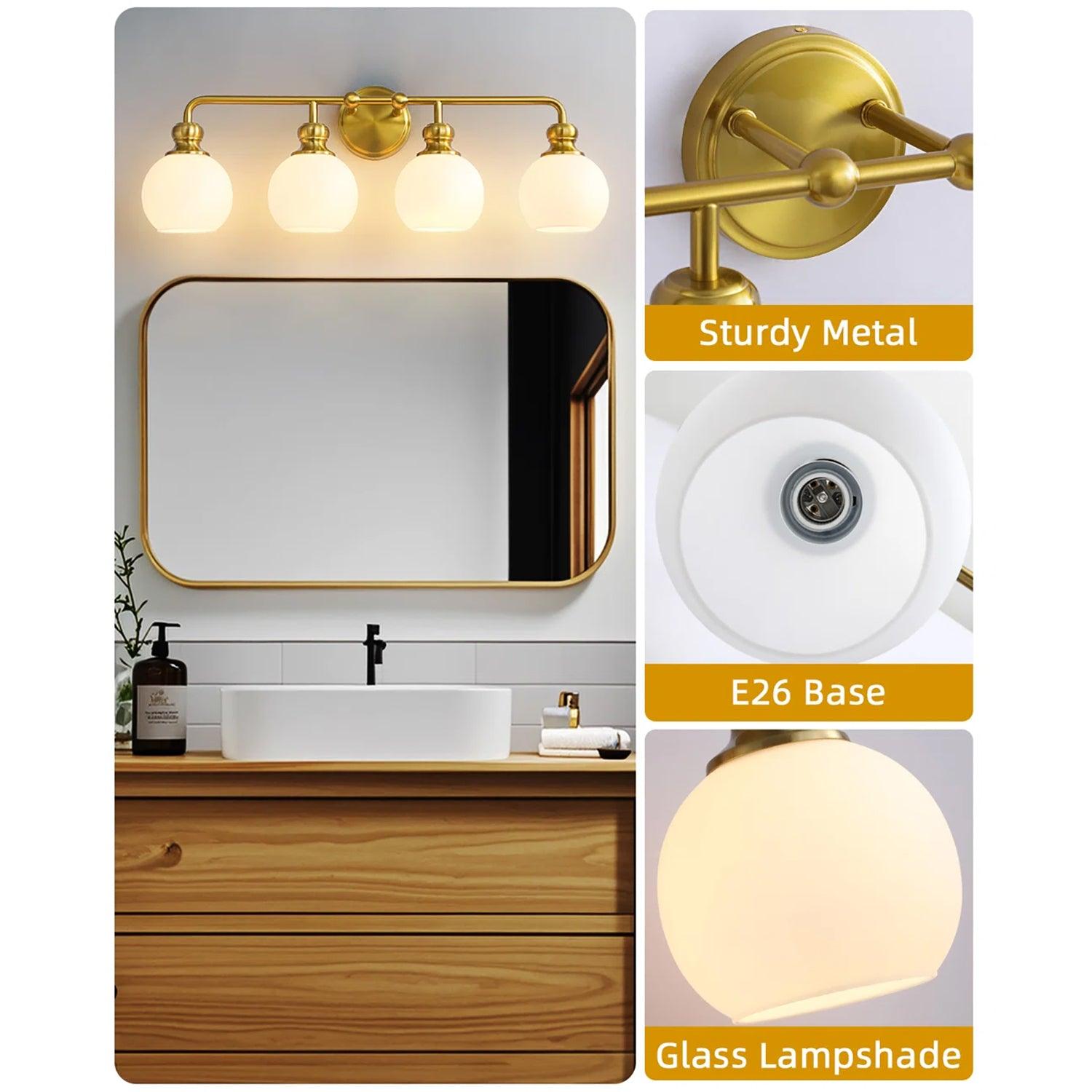 Modern Frosted Glass 4-Light Bathroom Vanity Light Fixture - Gold Finish for Contemporary Bathroom & Powder Room Lighting