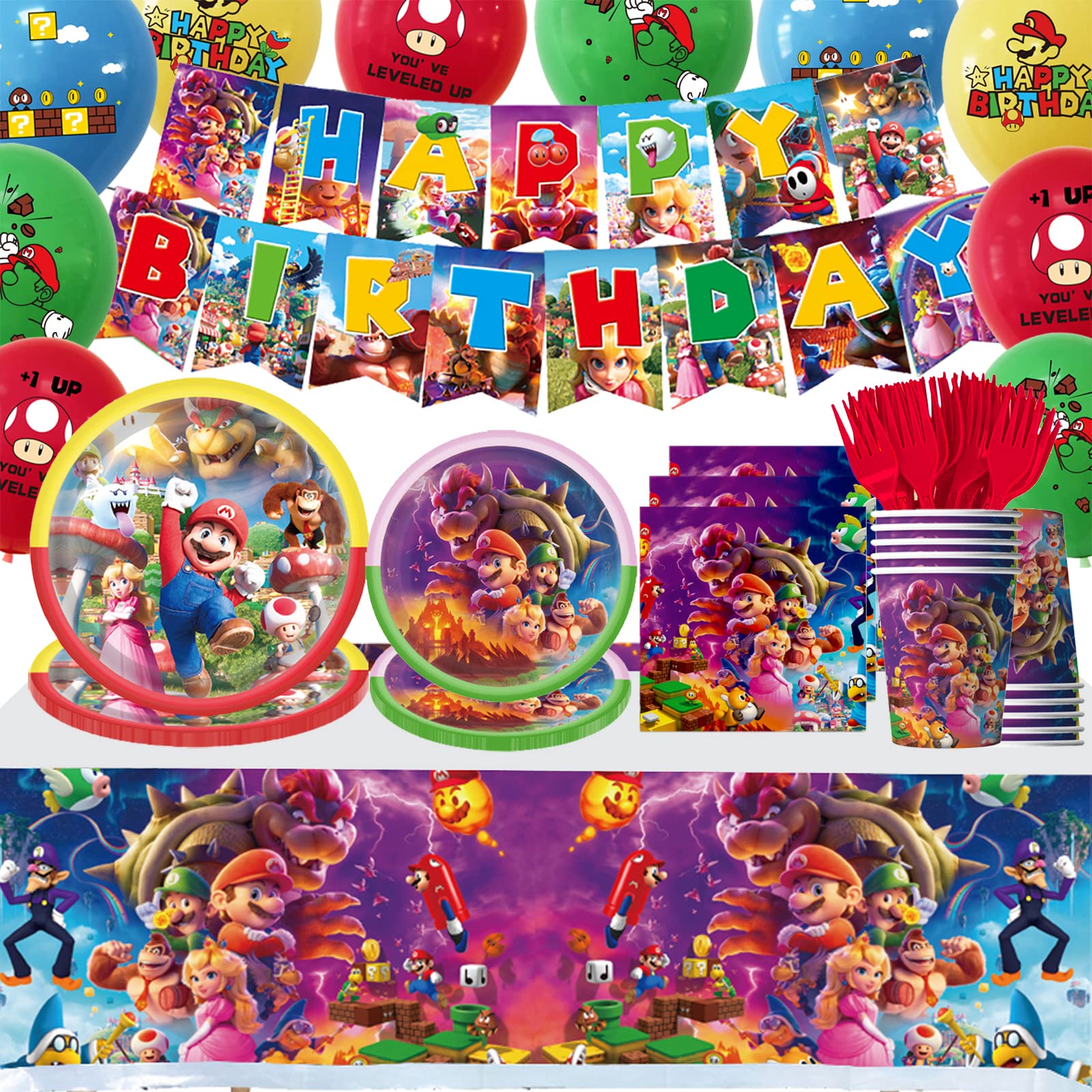 **Brothers Kart Birthday Party Supplies Kit - 100pcs Plates, Napkins, Cups, Forks, Tablecloth, Banners & Balloons - Complete Decorations for Kids Birthday, Themed Parties & Special Events**