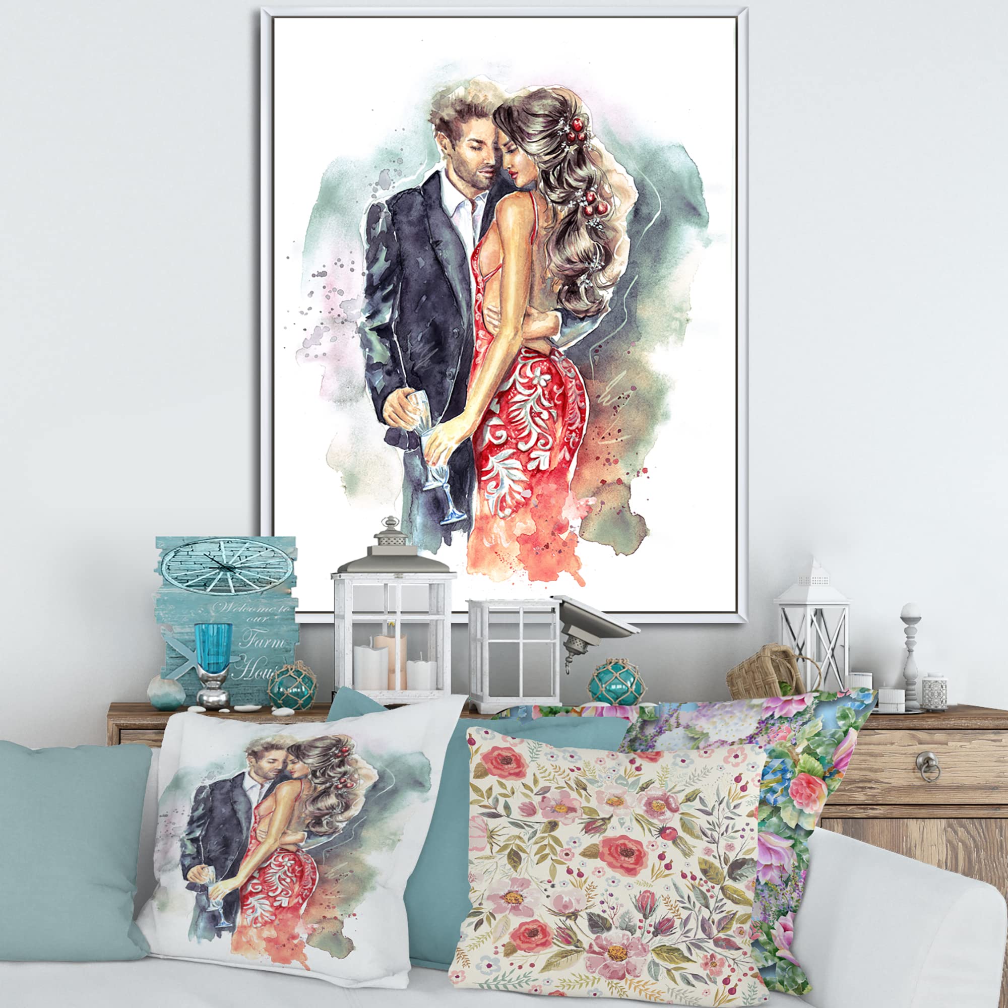 Romantic Couple with Champagne Glasses New Year Wall Art - Traditional Framed Canvas Print for Home Decor, Wedding Gift & Anniversary Present
