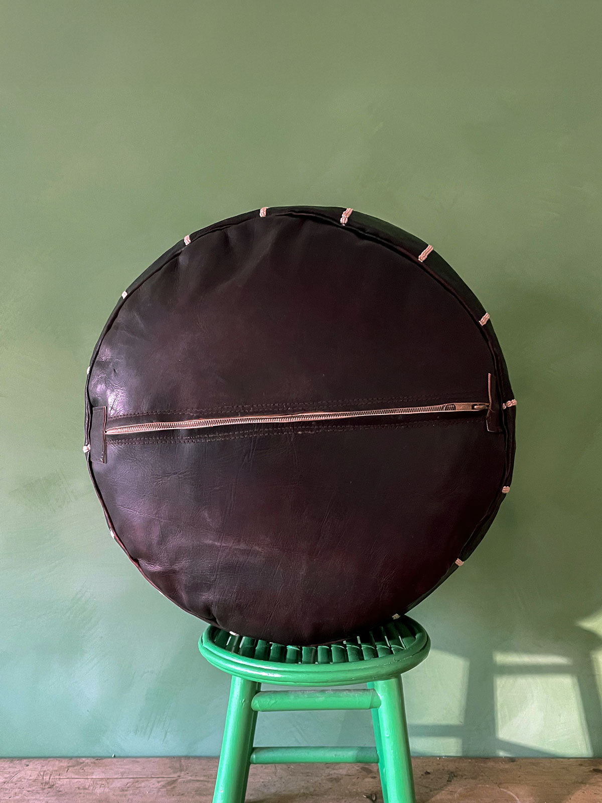 Handmade Moroccan Leather Pouffe Ottoman - Ebony Brown Genuine Leather Footstool for Living Room, Bedroom & Boho Decor