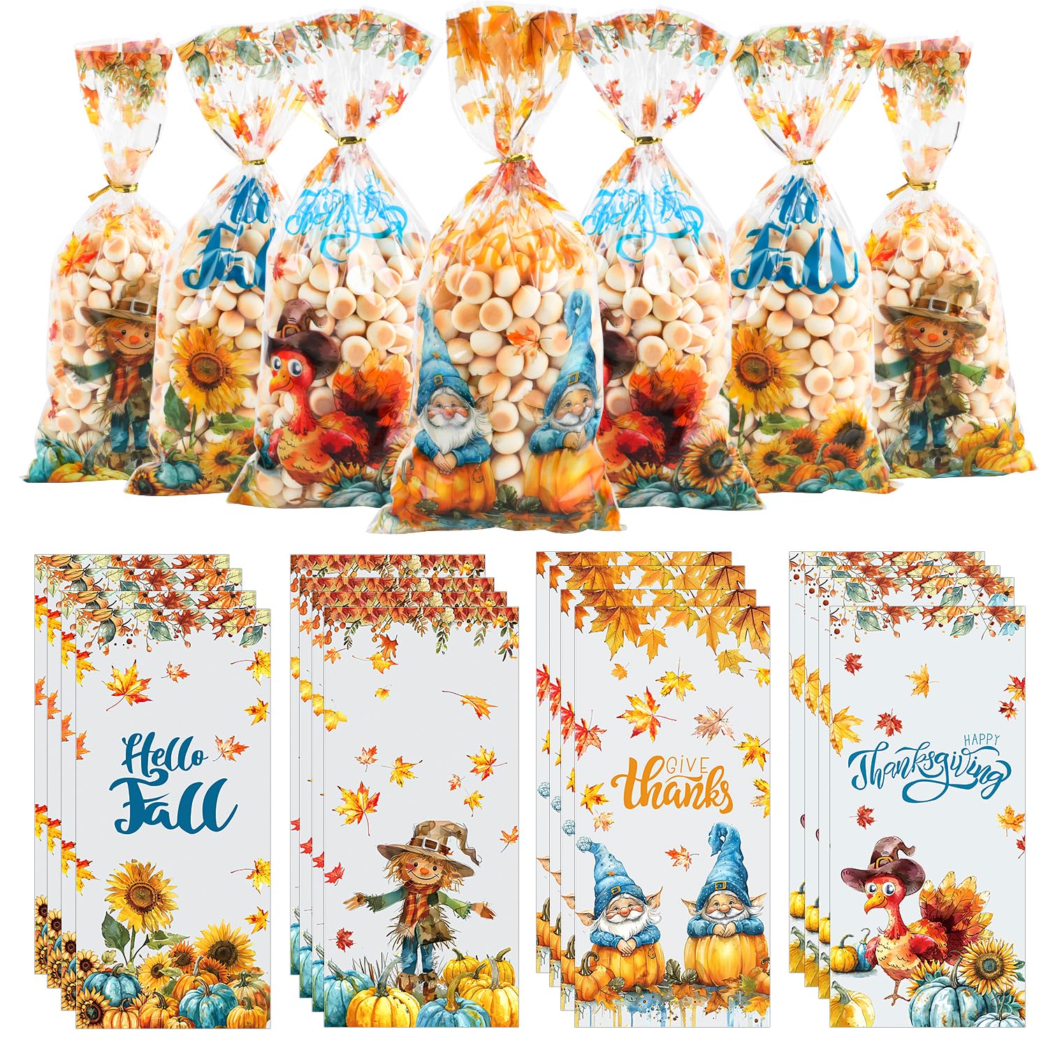 FOIMAS 160pcs Autumn Cellophane Treat Bags - Maple Leaf & Pumpkin Design Fall Thanksgiving Candy Bags for Harvest Party Favors, Halloween Goodie Bags, School Classroom Snacks & Holiday Gift Packaging