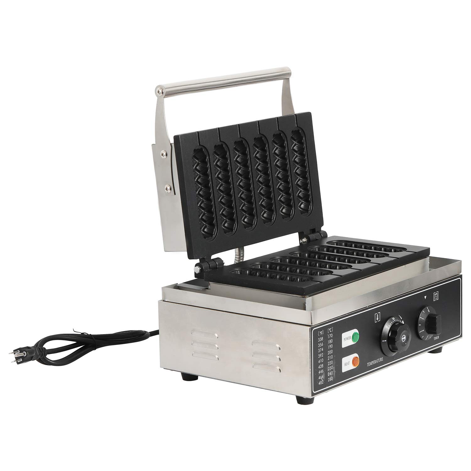 DasMarine Commercial Corn Dog Waffle Maker - 6Pcs Non-Stick Hotdog Waffle Iron with Temperature Control (50-300°C) & Timer - Stainless Steel for Restaurant, Bakery, Snack Bar & Home Use - Perfect for Parties, Breakfast & Quick Snacks (Black)