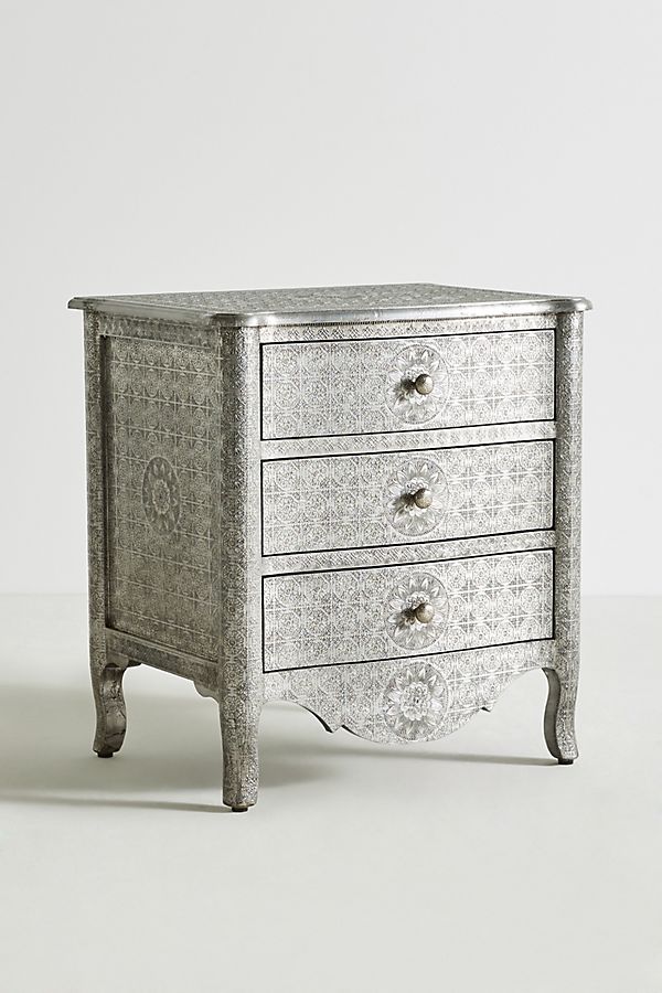 Hand Embossed Nightstand with 3 Drawers - White Metal Bedside Table for Bedroom | Compact Night Stand with Storage for Small Spaces, Apartment & Dorm Room Decor