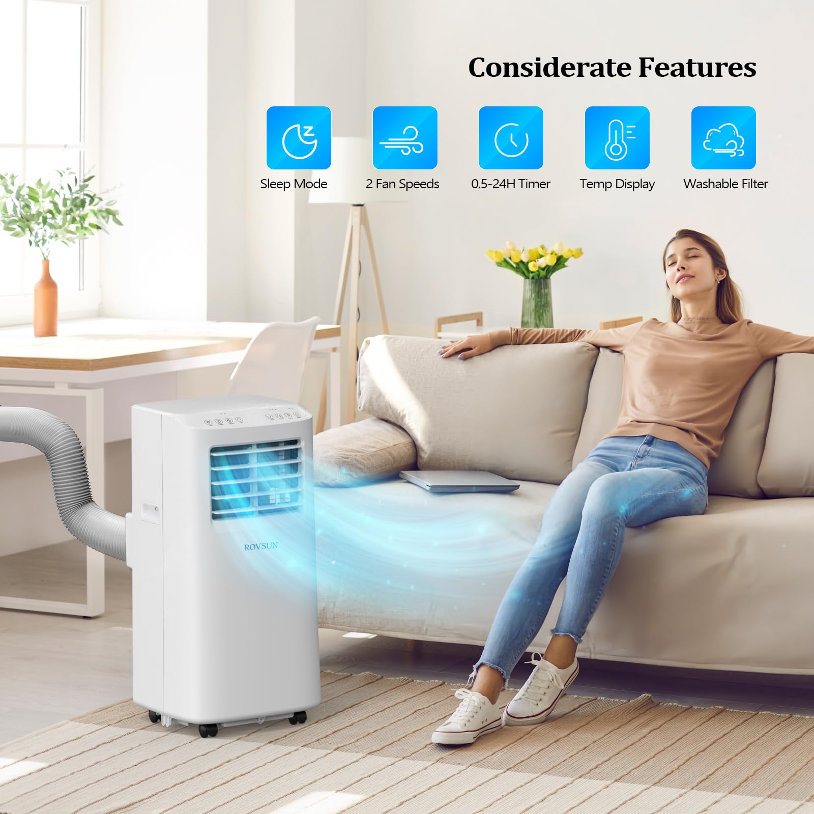 ROVSUN 8000 BTU Portable Air Conditioner with Remote Control - 3-in-1 Cooling, Fan & Dehumidifier for Home, Office, Dorm - Digital Display, 24H Timer & Easy Installation Kit - Perfect for Small Rooms, Bedrooms & Hot Summer Days