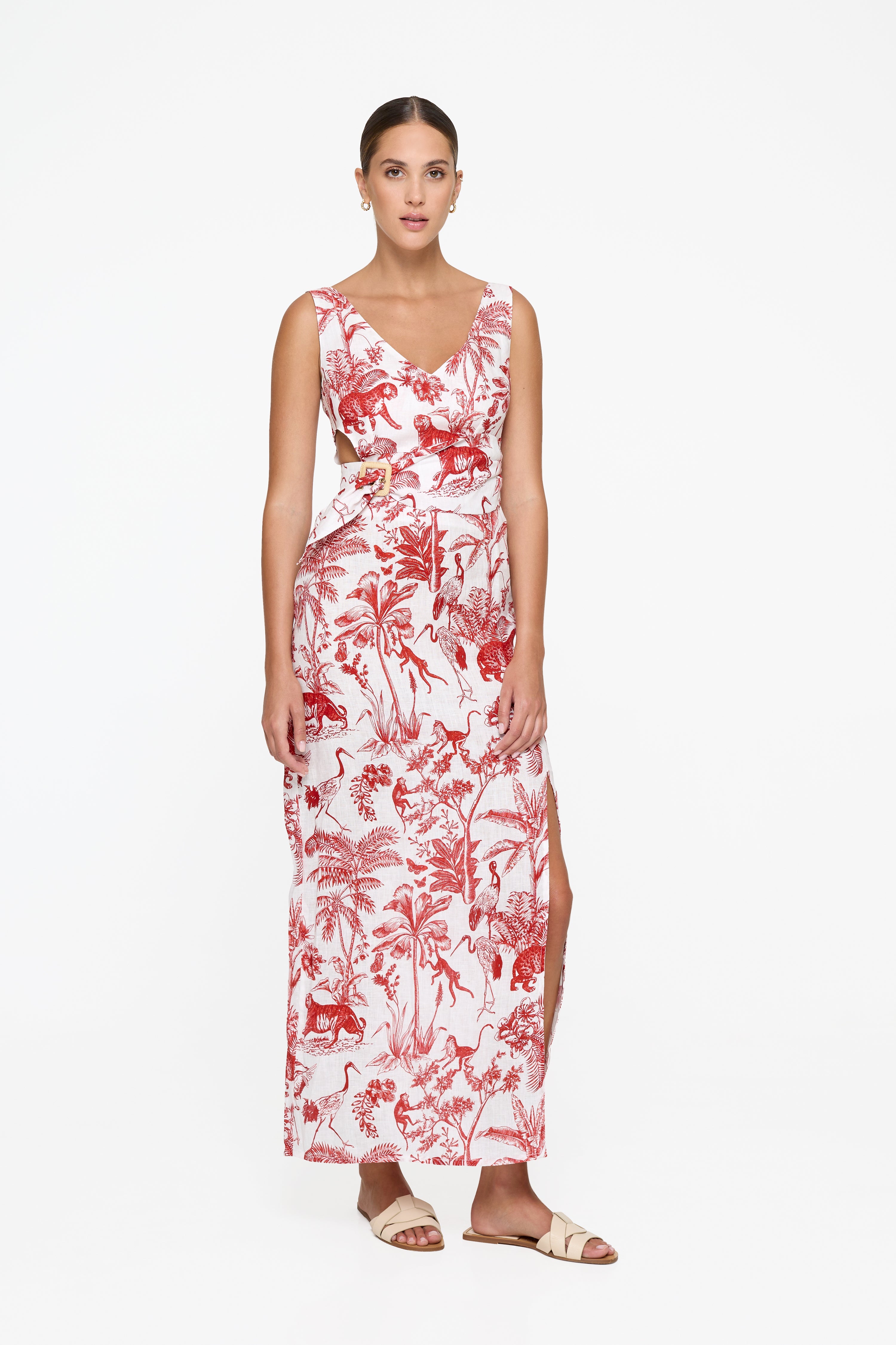 Evie Cutout Maxi Dress - Red Toile Linen Flowy Summer Dress for Women, Beach Wedding Guest Outfit, Boho Chic Vacation Dress