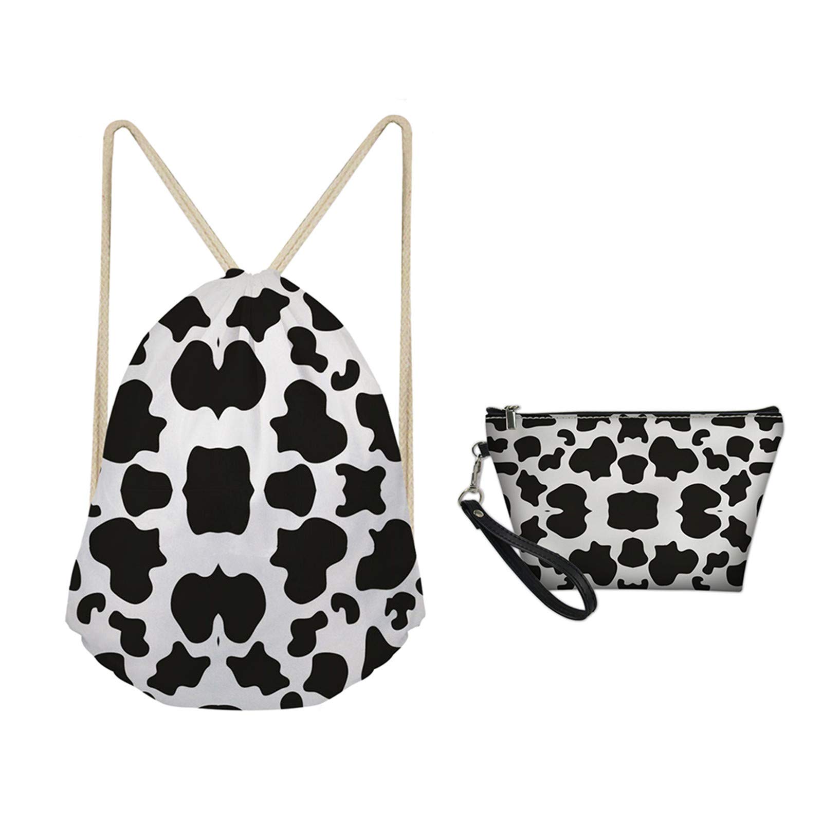 Belidome Cow Print Drawstring Backpack & Cosmetic Bag Set - Lightweight Durable Soft Organizer for Women, Kids, Boys & Girls - Perfect for School, Travel, Gym & Daily Use