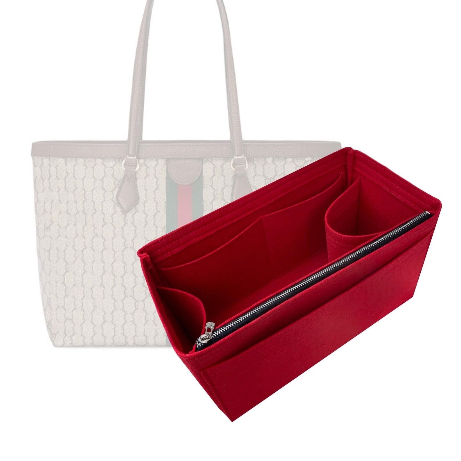 Premium Handmade 2mm Felt Bag Organizer Insert with Gold Zipper - Perfect Fit for Gucci Ophidia Medium & Large Tote Bags (Red) | Sturdy Snug Design for Travel, Work & Daily Use