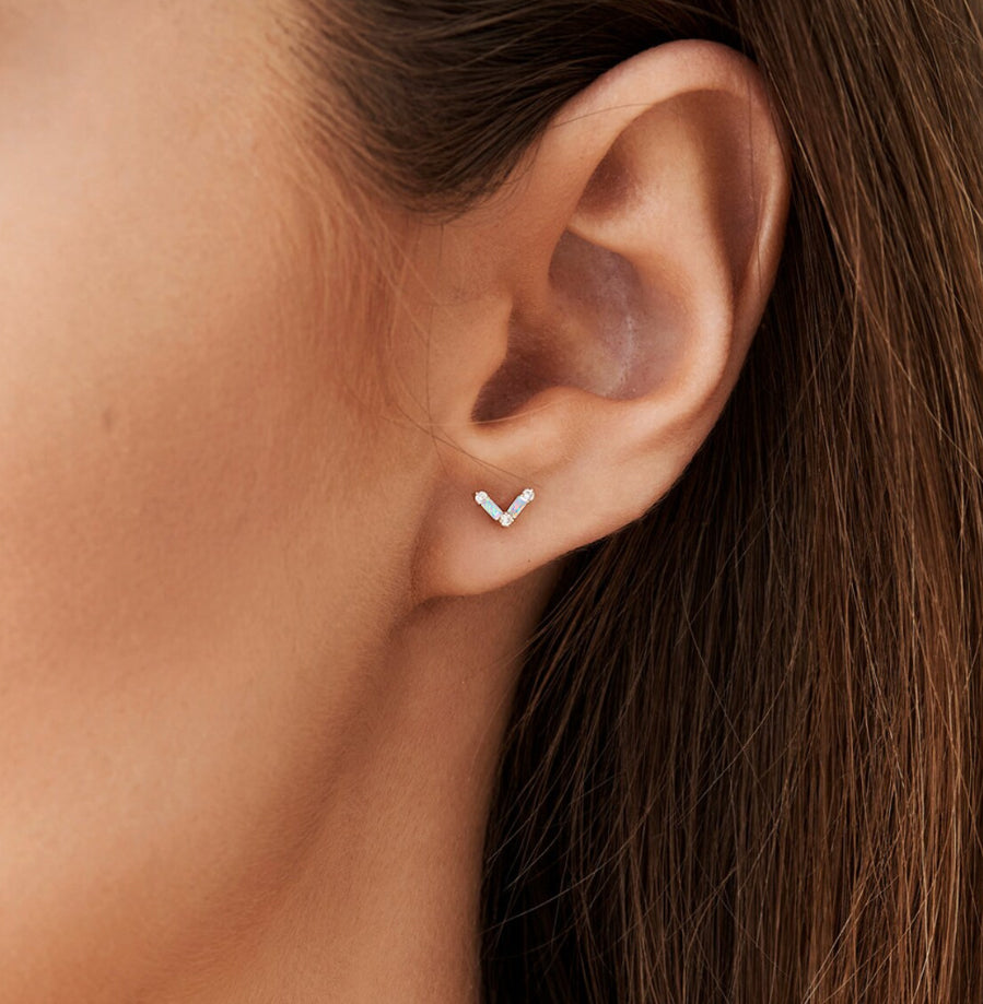 White Opal AV Style Stud Earrings for Women - Dainty Minimalist Jewelry for Everyday Wear, Gift Giving & Special Occasions