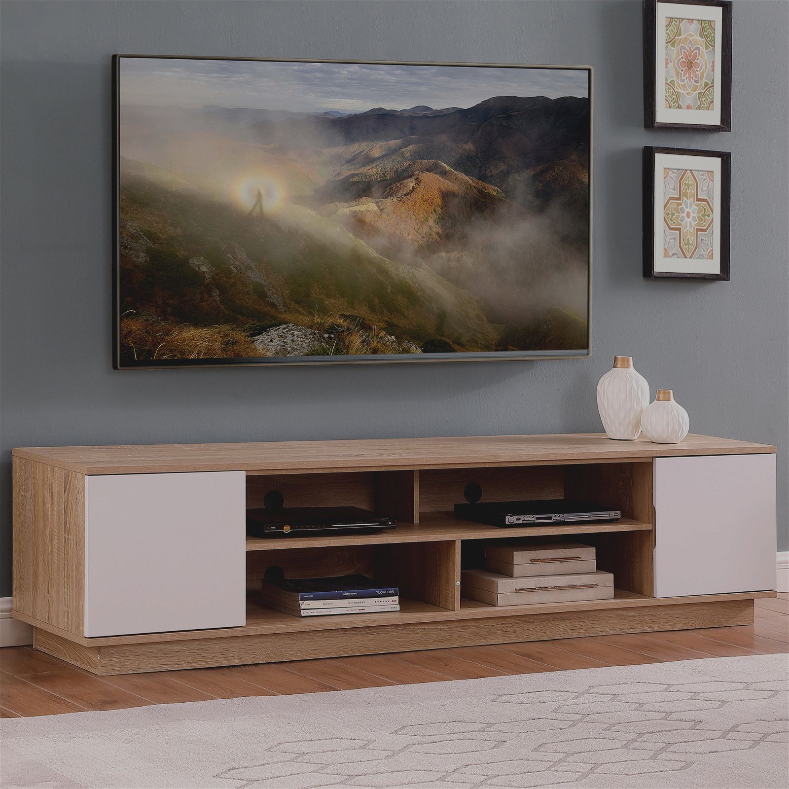 DELUX 200cm Oak & White TV Stand Entertainment Unit with Storage - Modern Media Console for Living Room, Home Theater & Gaming Setup