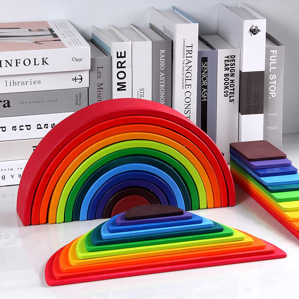 Wooden Rainbow Stacker Toy Set - Montessori Waldorf Educational Stacking Blocks with Semicircle Building Board - Open-Ended Learning Toy for Toddlers & Kids - Perfect Gift for Birthdays & Preschool Playtime (Rainbow Pack)