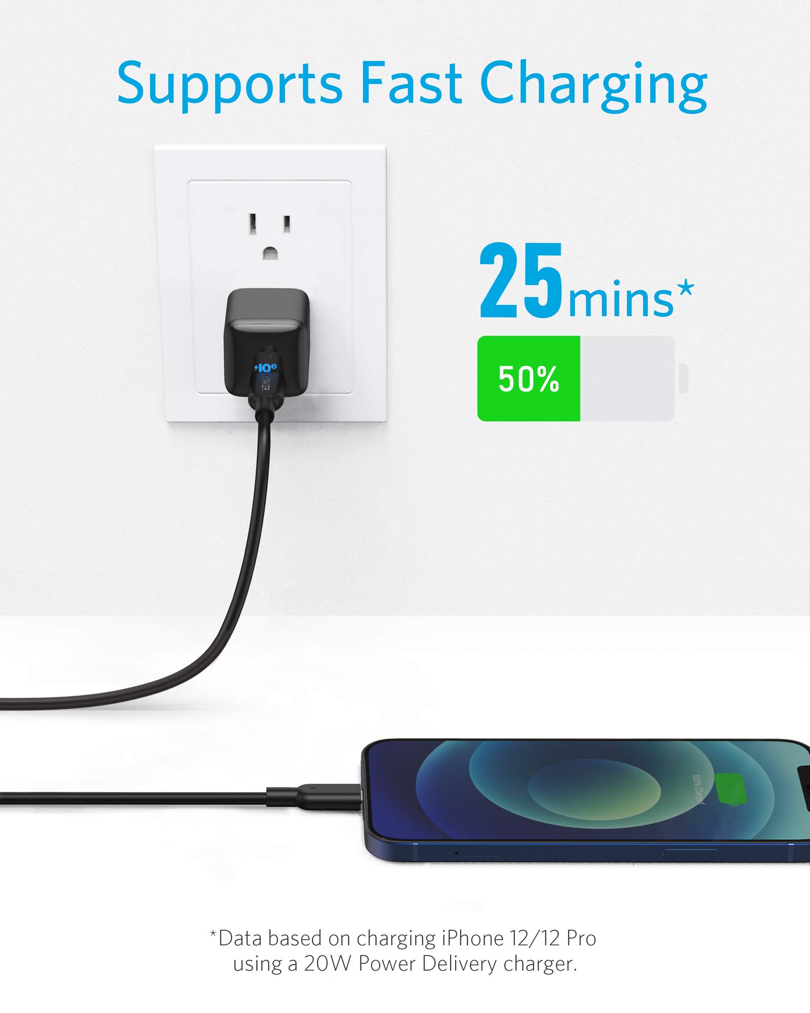 Anker USB C to Lightning Cable 10ft MFi Certified - Fast Charging Cord for iPhone 13/12/11/X/8 Plus & iPad - Durable Nylon Braided Powerline II Cable (Black) | Perfect for Home, Office & Travel Charging