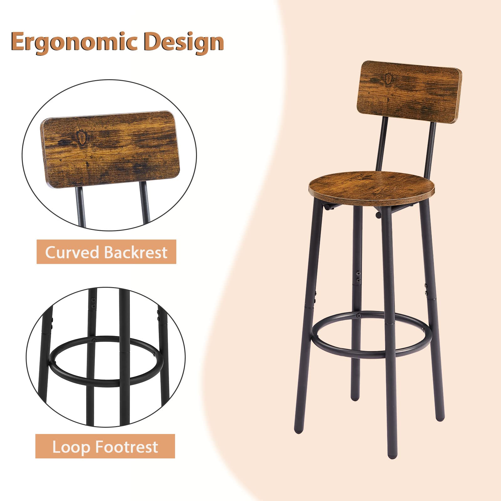 GNIXUU 3-Piece Pub Table Set - 24 Inch Round 2-Tier Bistro Table with 2 Backrest Bar Stools, Counter Height Dining Set for Kitchen Nook, Apartment, Small Space - Perfect for Breakfast Nook, Coffee Corner & Compact Living Areas