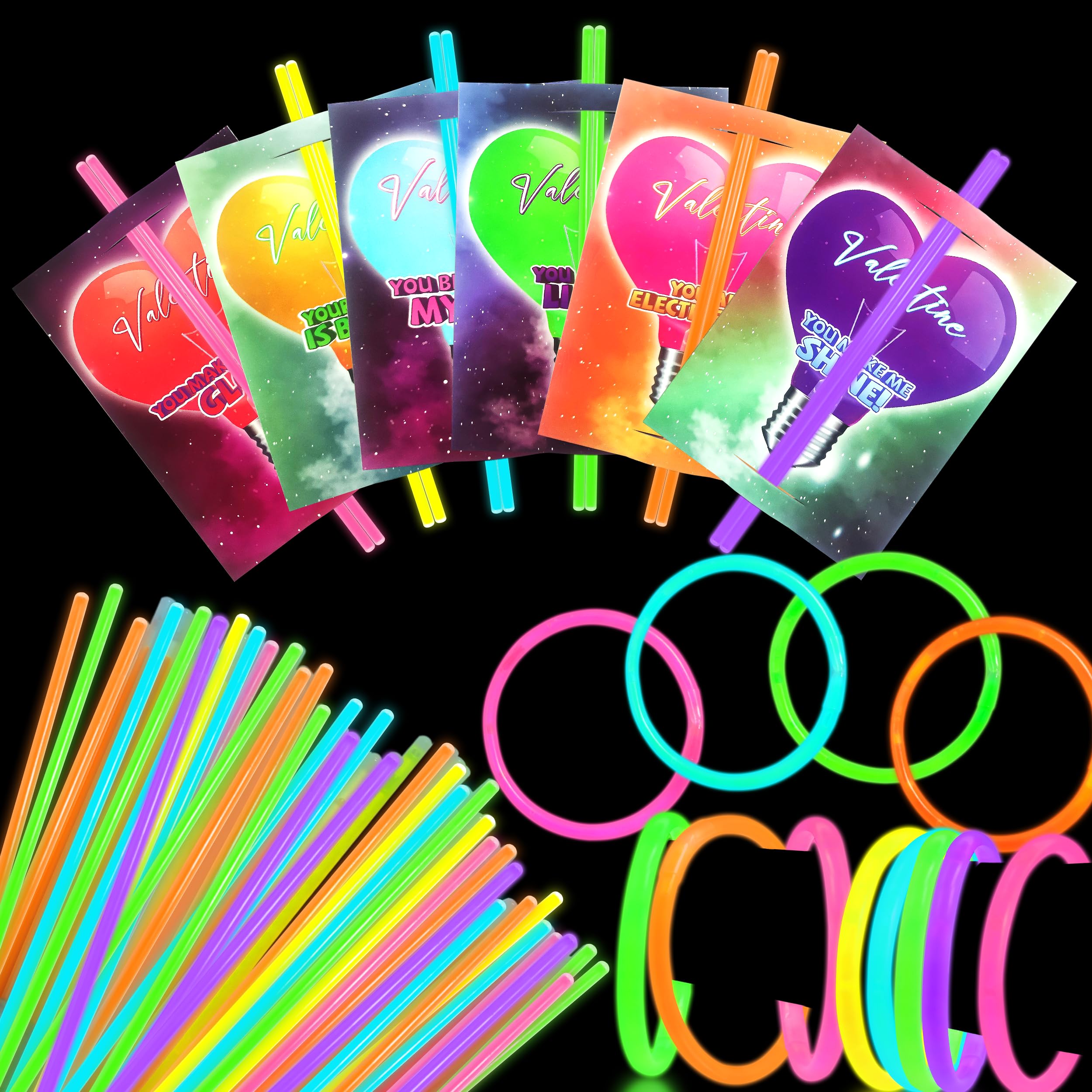 28 PCS Valentine's Day Cards for Kids with 60 Glow Sticks - Classroom Valentine Exchange Cards, Party Favors for Boys & Girls - Perfect for School Celebrations, Gift Giving & Holiday Events