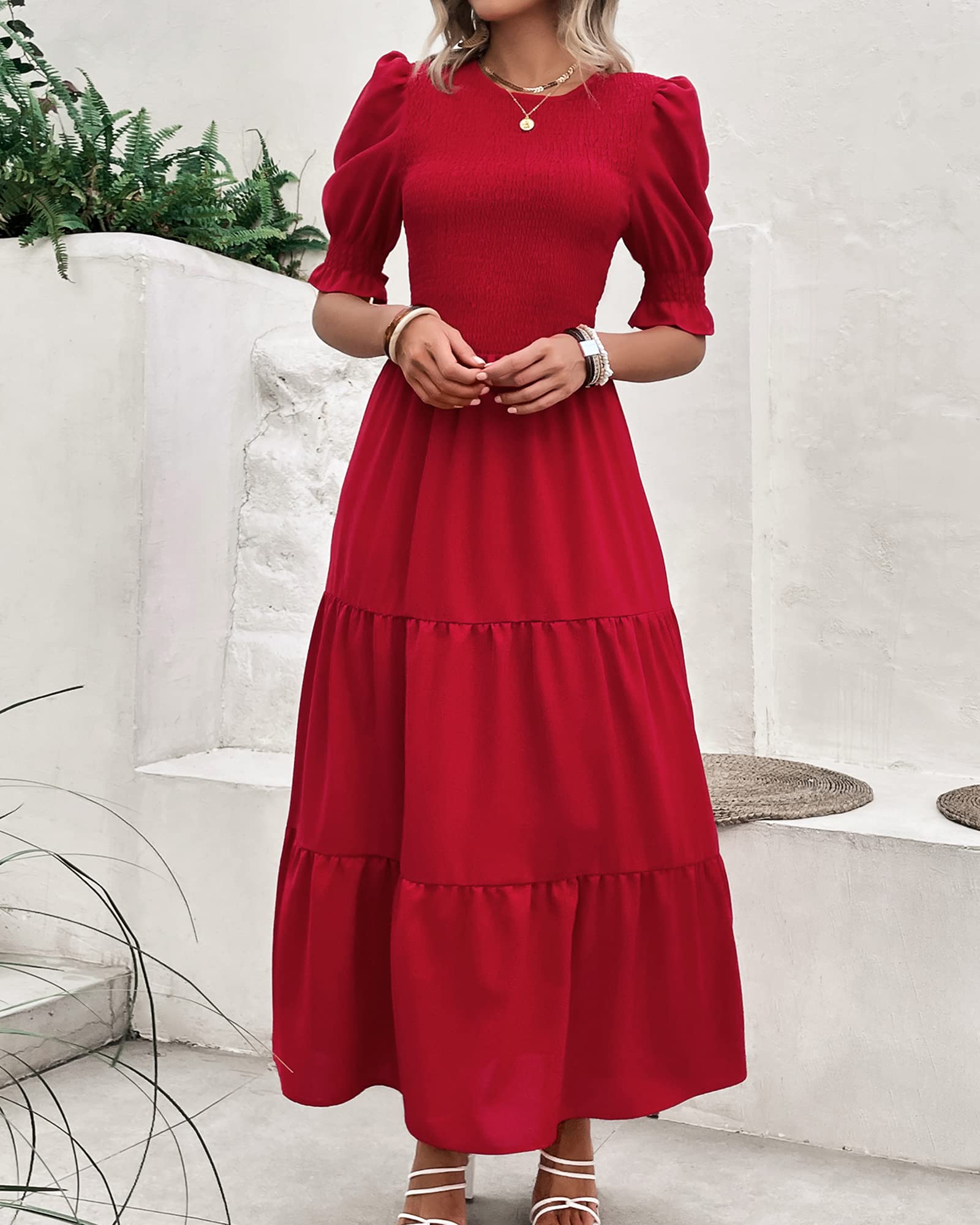 BTFBM Women's Casual Summer Floral Print Boho Maxi Dress - Crew Neck, Ruffle Short Sleeve, Smocked Waist, Flowy Design for Spring/Summer 2025 | Perfect for Beach Vacations, Date Nights & Boho Fashion Outfits