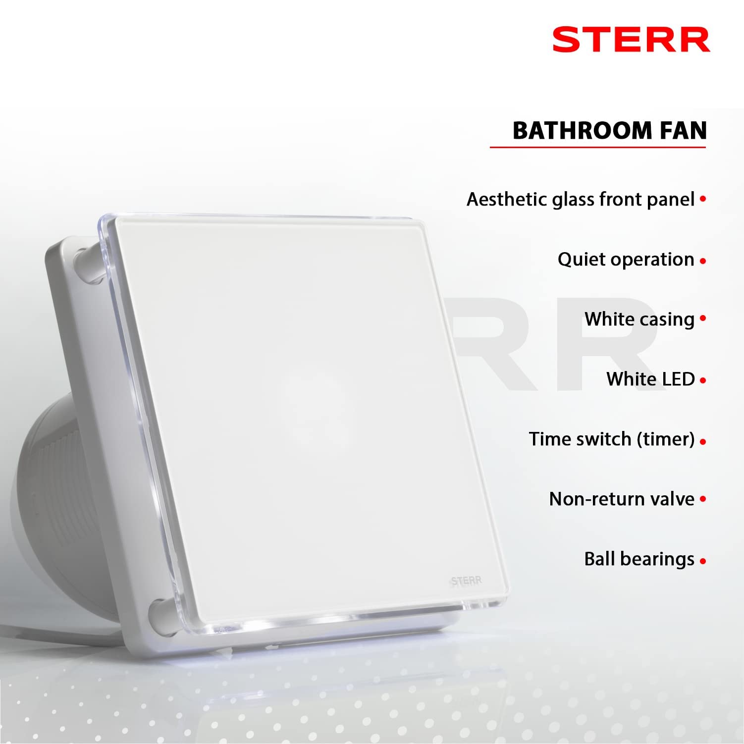 STERR White Bathroom Exhaust Fan 100mm with LED & Timer - Modern Glass Front Design - Quiet Bathroom Ventilation Fan - 10W Energy Efficient - Perfect for Bathrooms, Kitchens, and Small Spaces