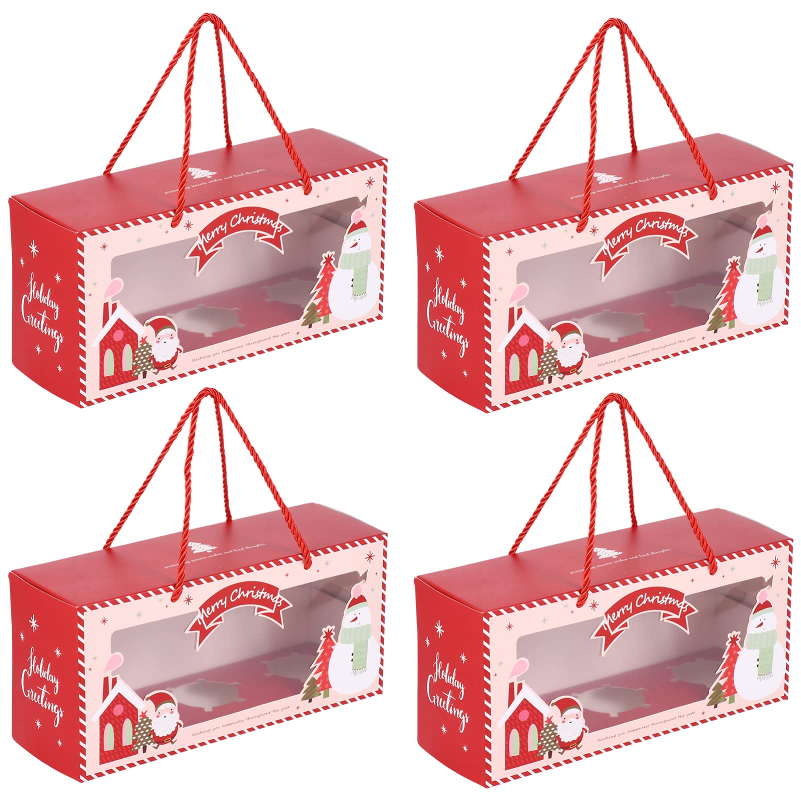 YARDWE 4-Pack Christmas Cupcake Boxes with Handles - 3 Grid Window Muffin Dessert Container for Holiday Baking, Cookies, Pies & Cakes | Perfect for Christmas Parties, Gift Giving & Bakery Packaging