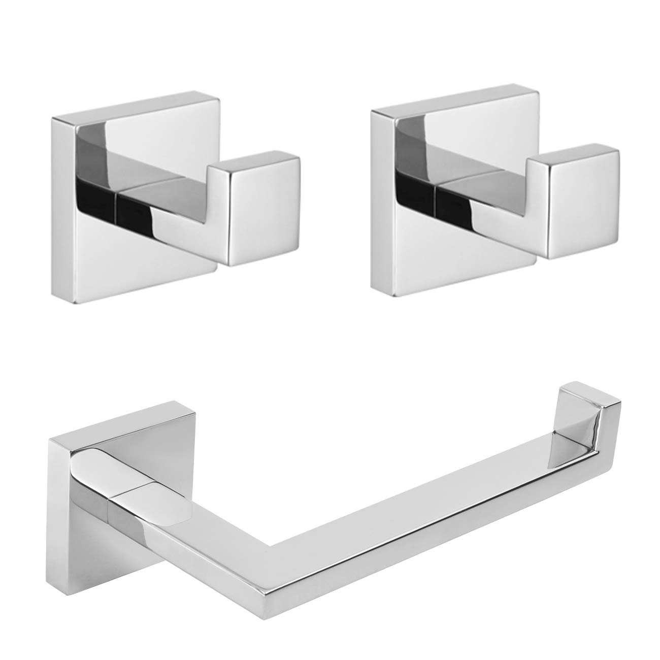Kimzcn 3-Piece Bathroom Hardware Set - Polished Stainless Steel Square Wall Mounted Toilet Paper Holder & 2 Robe Towel Hooks | Modern Bathroom Accessories Kit for Home & Hotel Decor
