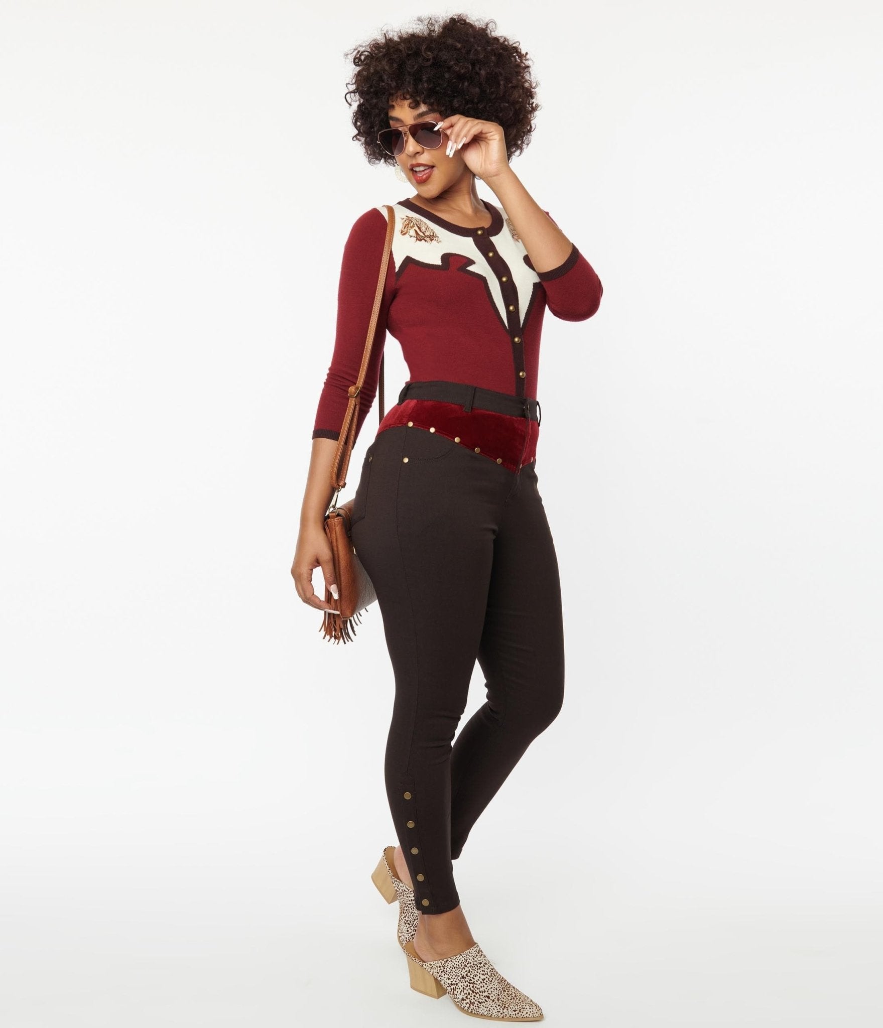 Vintage Brown Denim Skinny Jeans with Red Yoke - Retro High Waisted Slim Fit Jeans for Women | Perfect for Casual Wear, Date Nights & 90s Fashion Outfits