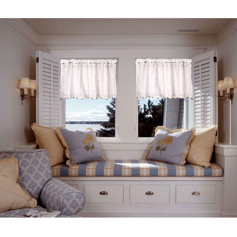 Sheer Lace Tier Curtains for Kitchen & Bedroom Windows - Semi Transparent Short Valances (55
