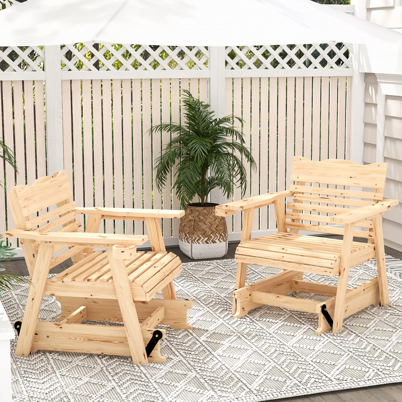 Giantex Outdoor Glider Rocking Chair Set of 2 - High Back Wooden Porch Swing with Wide Armrests, Curved Seat & Rotating Cup Holder - Perfect for Patio, Garden, Balcony, Poolside Relaxation (Natural Finish) - Ideal for Lounging, Reading, and Enjoying Outdoor Breezes