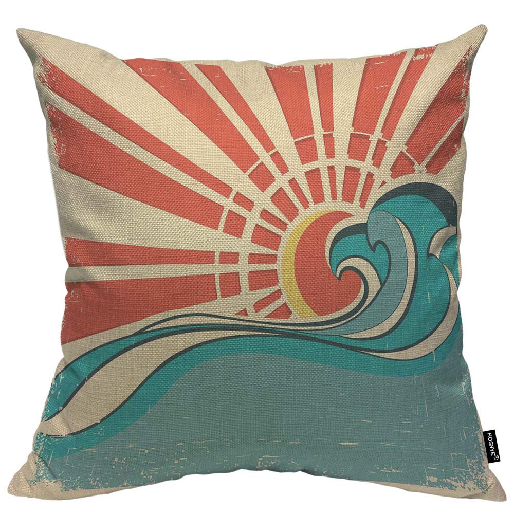 Vintage Nature Illustration Sun & Sea Waves Decorative Square Throw Pillow Cover 24x24 Inch - Coastal Home Decor for Living Room, Bedroom & Sofa Accent