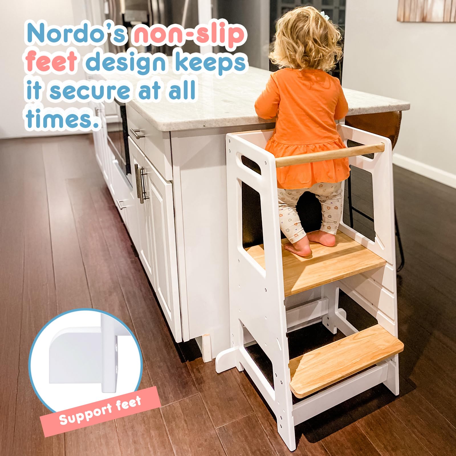Adjustable Height Toddler Kitchen Helper Stool with Anti-Slip Protection & Safety Rail | Montessori Learning Stool with Chalkboard for Kids | Perfect for Baking, Cooking & Playtime (Gray)